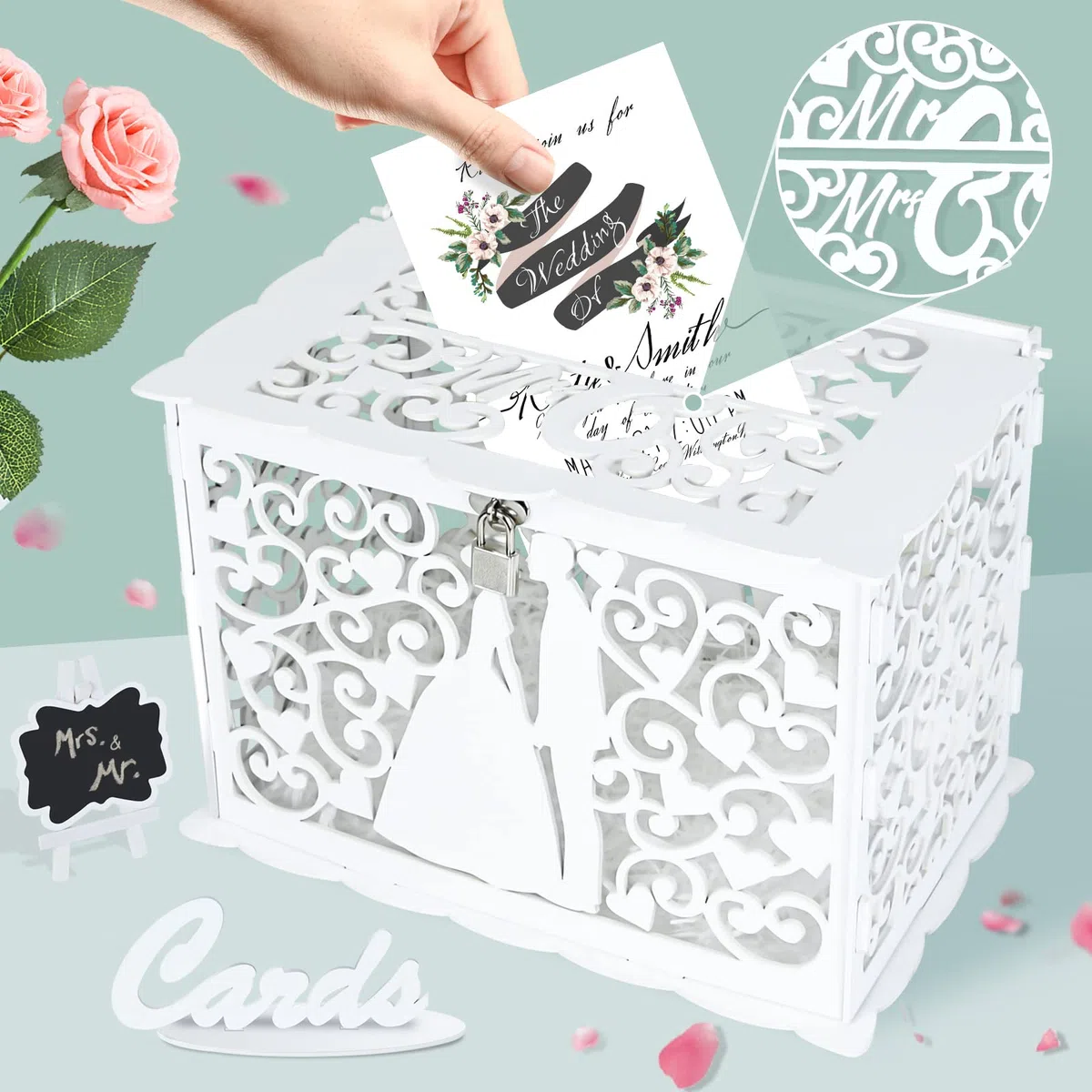 Ulikey Scatola Carte di Nozze, Porta Buste Matrimonio Legno, per Soldi con Serratura, Contenitore con Palloncini e Rafia, Decorazione (Stile 2)