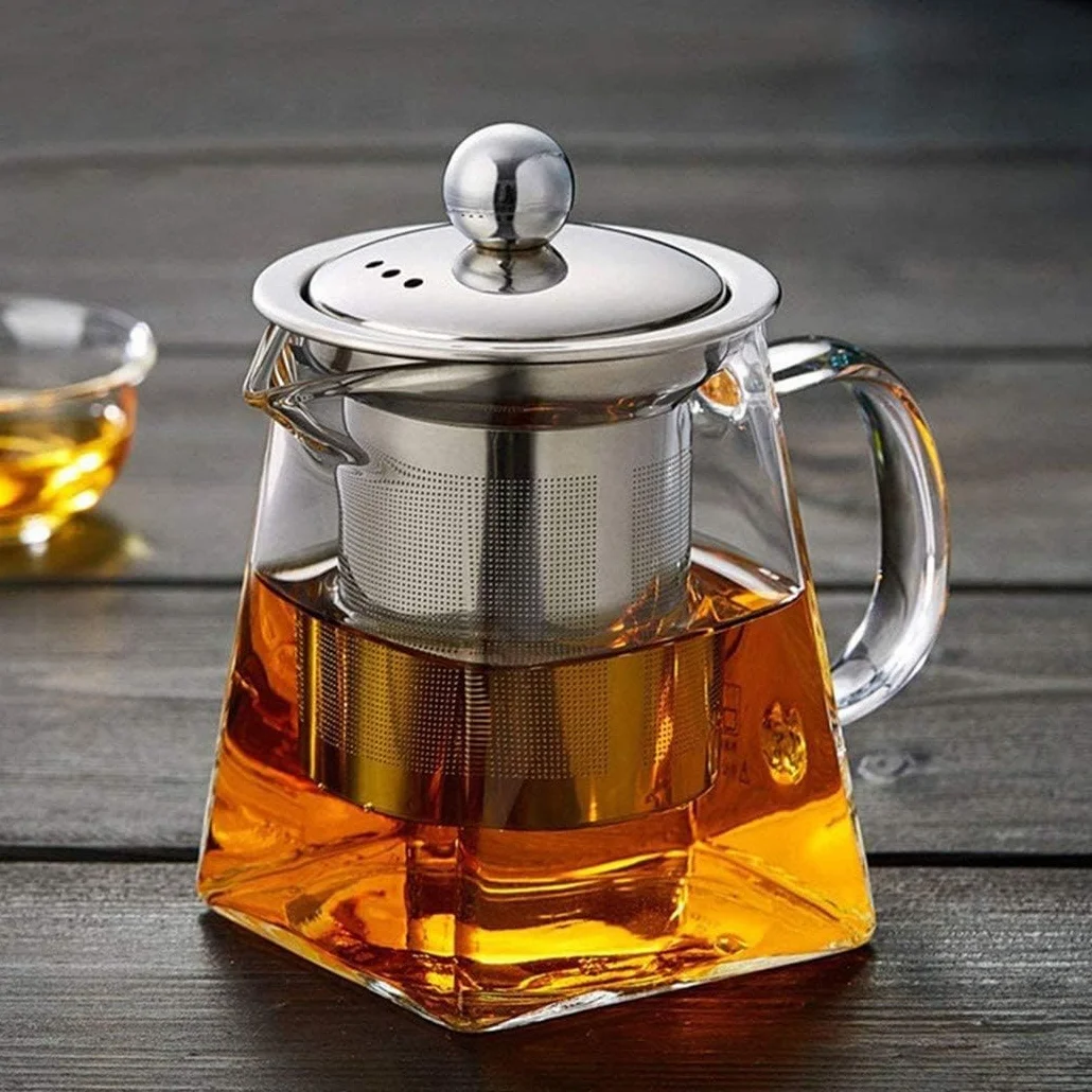 Teiera in Vetro da 550 ml, Teiera Resistente al Calore in Vetro Borosilicato Trasparente con Filtro in Acciaio Inox, per tè Sfuso e tè in Fiore, Caffè