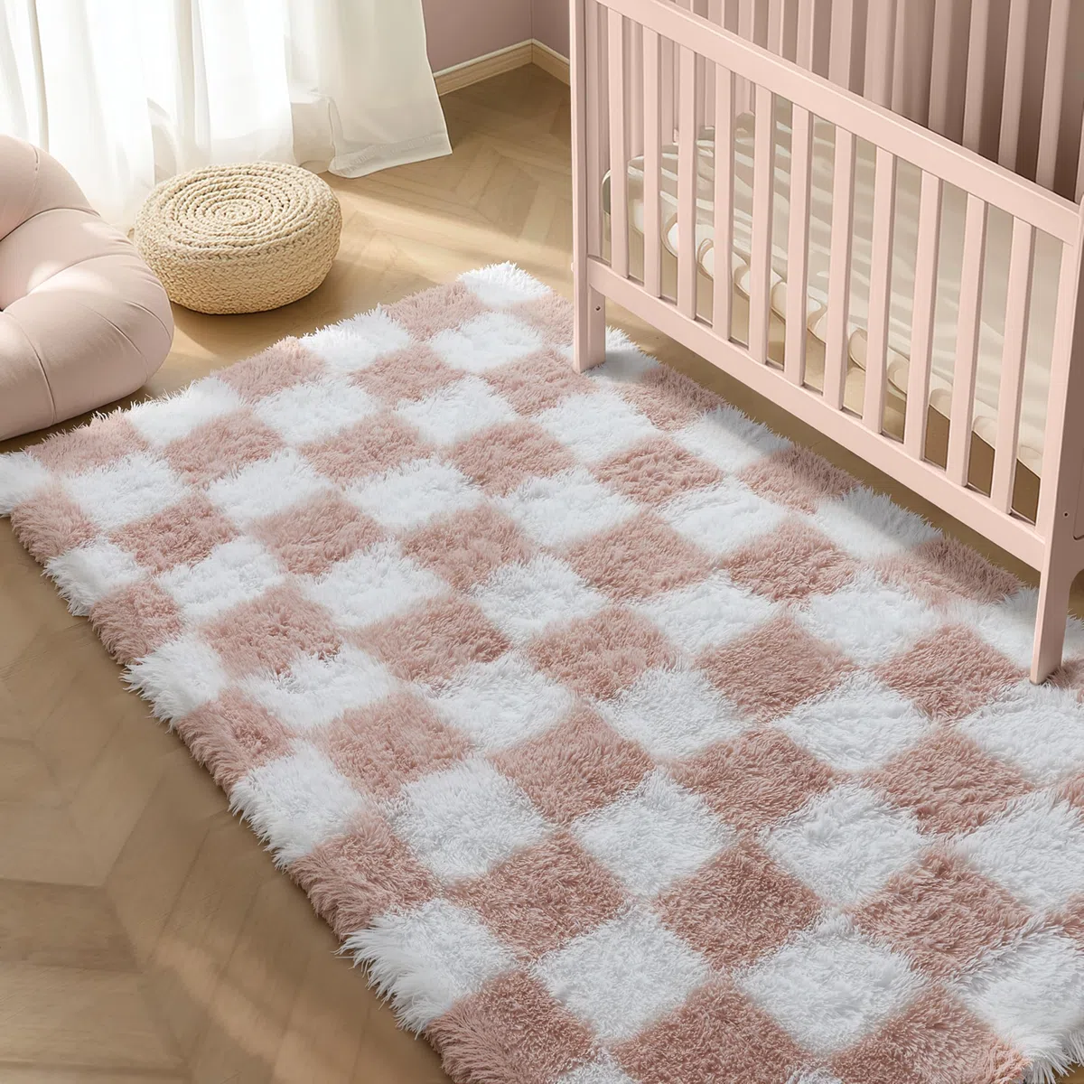 HUGEAR Tappeto Salotto 120x180cm Pelo Lungo a Quadri Grande Rosa Bianco Morbido Tappeti Antiscivolo Moderno Camera da Letto Cucina Salotto Sala Scendiletto Esterno Bambina Bambini Tappeti