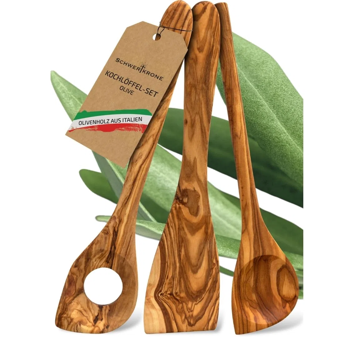 SCHWERTKRONE Set di cucchiai in legno d'oliva italiano, cucchiaio da cucina in legno, cucchiaio da cucina in legno di ulivo