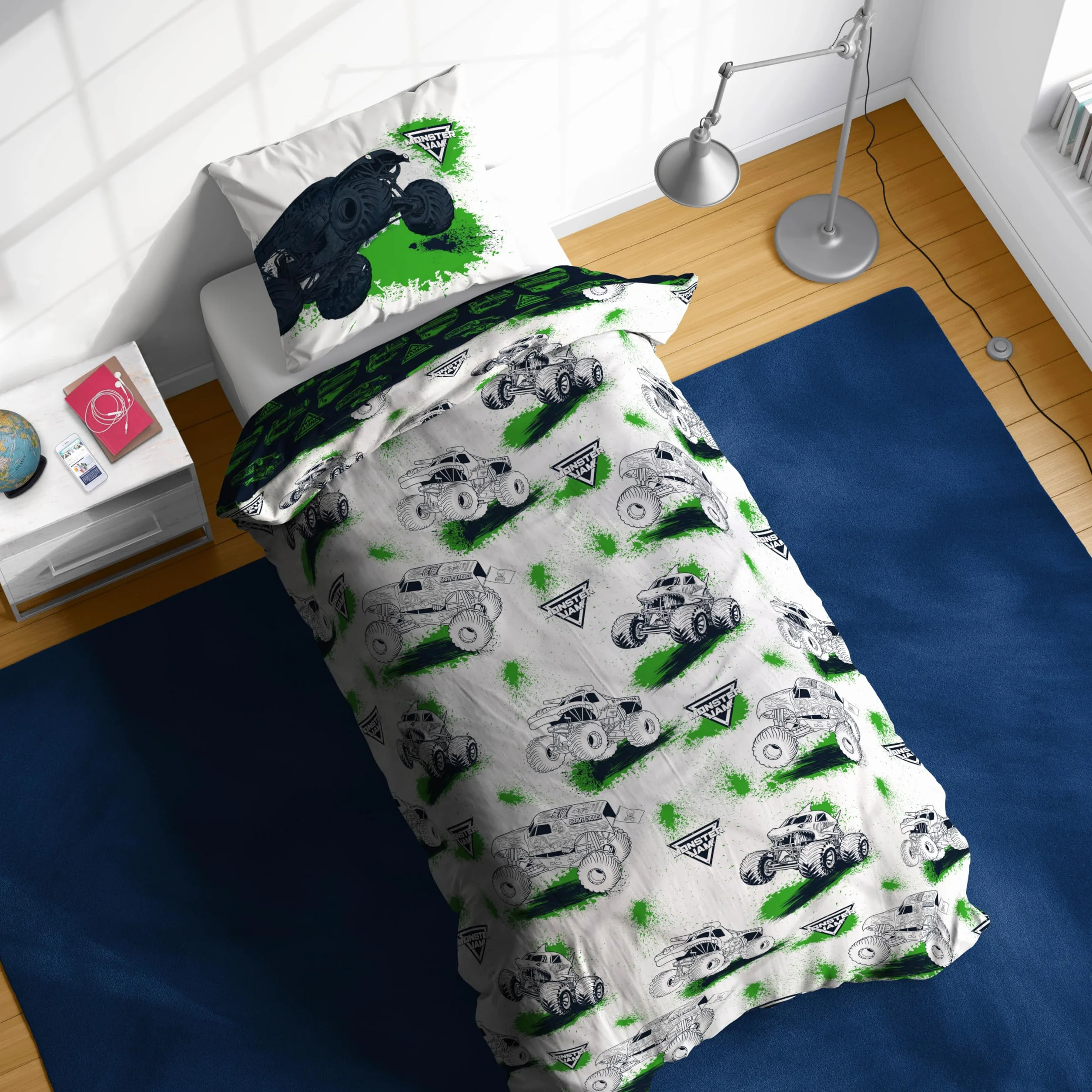 Jay Franco Kids Feld Monster Jam Set copripiumino – Biancheria da letto morbidissima con federa, SOLO COPERTA, piumone non incluso, bianco, 2 pezzi singolo