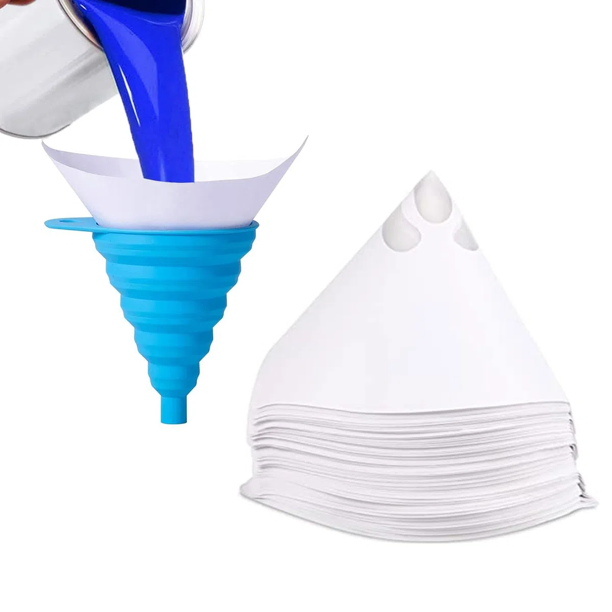 50 Pezzi Filtro in Resina Monouso con Imbuto in Silicone Pieghevole, Filtro per Vernice, Carta Filtro Conica di Nylon, Filtri Per Vernice a Cono Di Carta per Vernici Artigianato Arti Automobilistiche