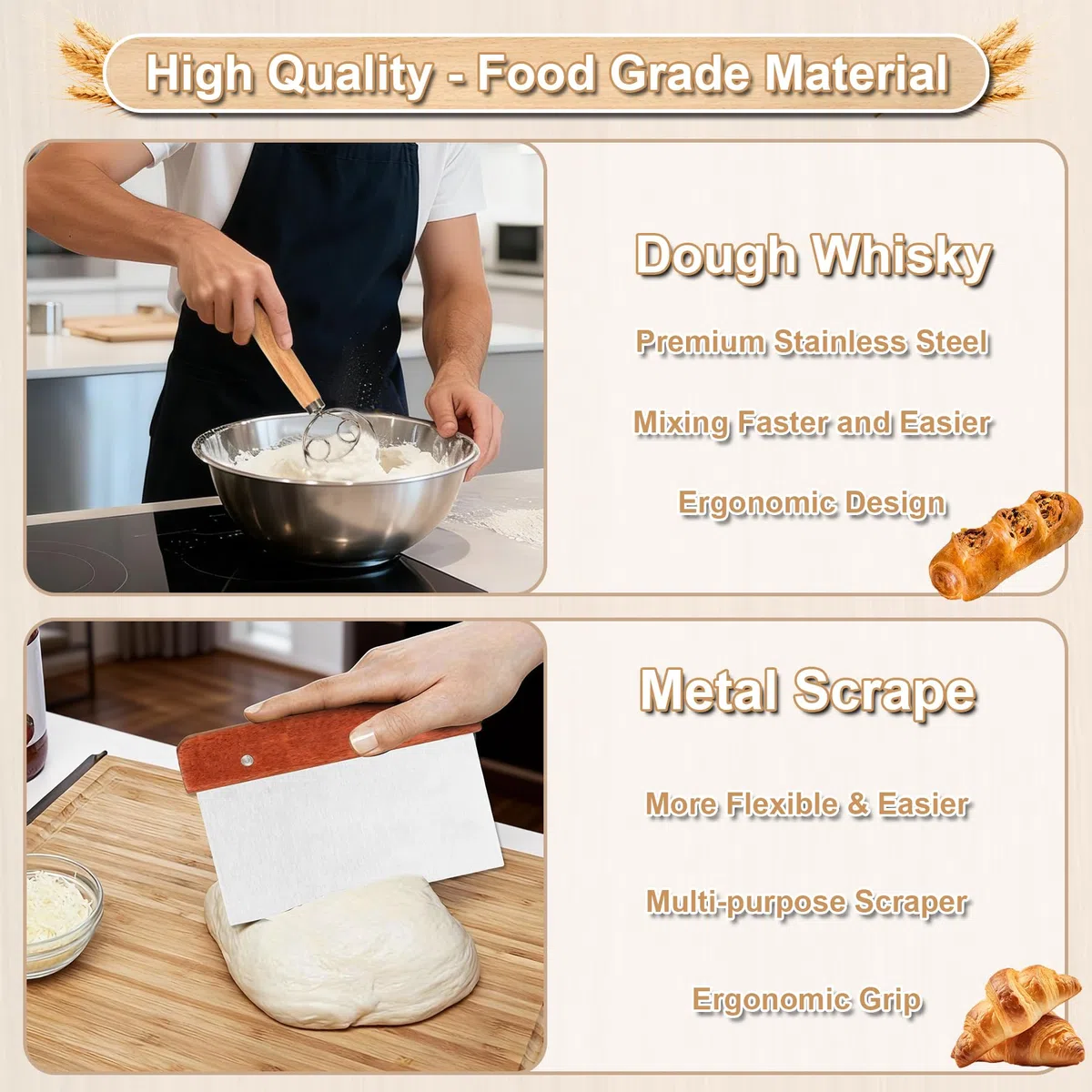 Cestino per Lievitazione del Pane Set,23 cm, Rotondi e 25 cm, Ovali, 100% Rattan Naturale, con Raschietto per Impasto, Inserto in Lino, Frusta per Pasta e Pane Zoppo, Accessorio