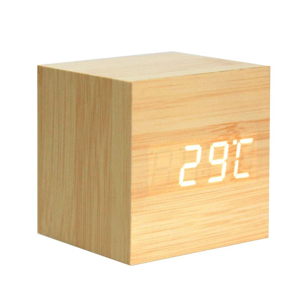 Sveglia In Legno - Cubo Ha Portato L'Orologio Digitale Con Visualizzazione Di Ora Temperatura, 3 Livelli Di Luminosità E Controllo Vocale Ideale Per I Viaggi In Ufficio - AC10Yellow_White