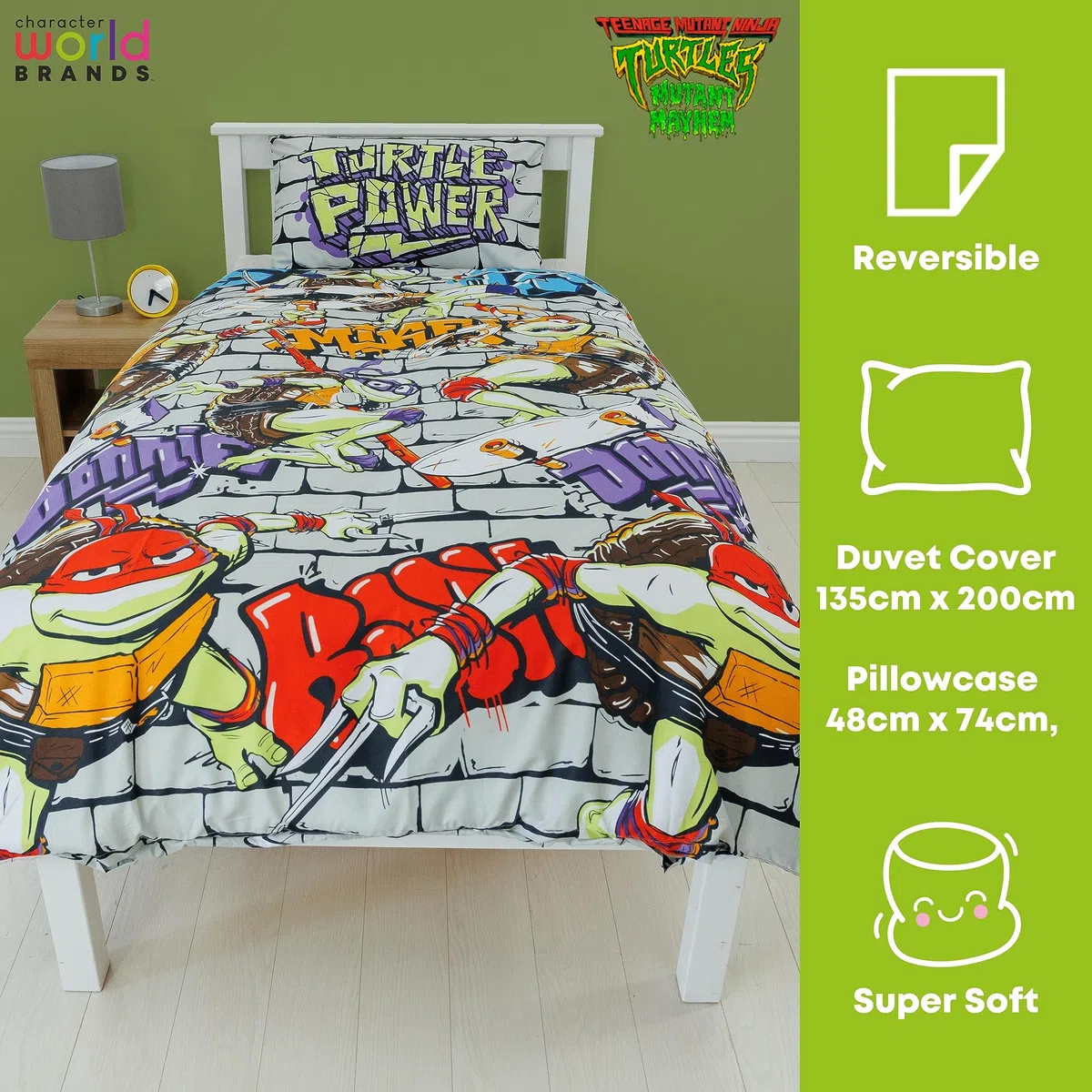 Character World Set copripiumino singolo ufficiale Teenage Mutant Ninja Turtles | Power Design reversibile su 2 lati, con federa coordinata TNMT per letto singolo