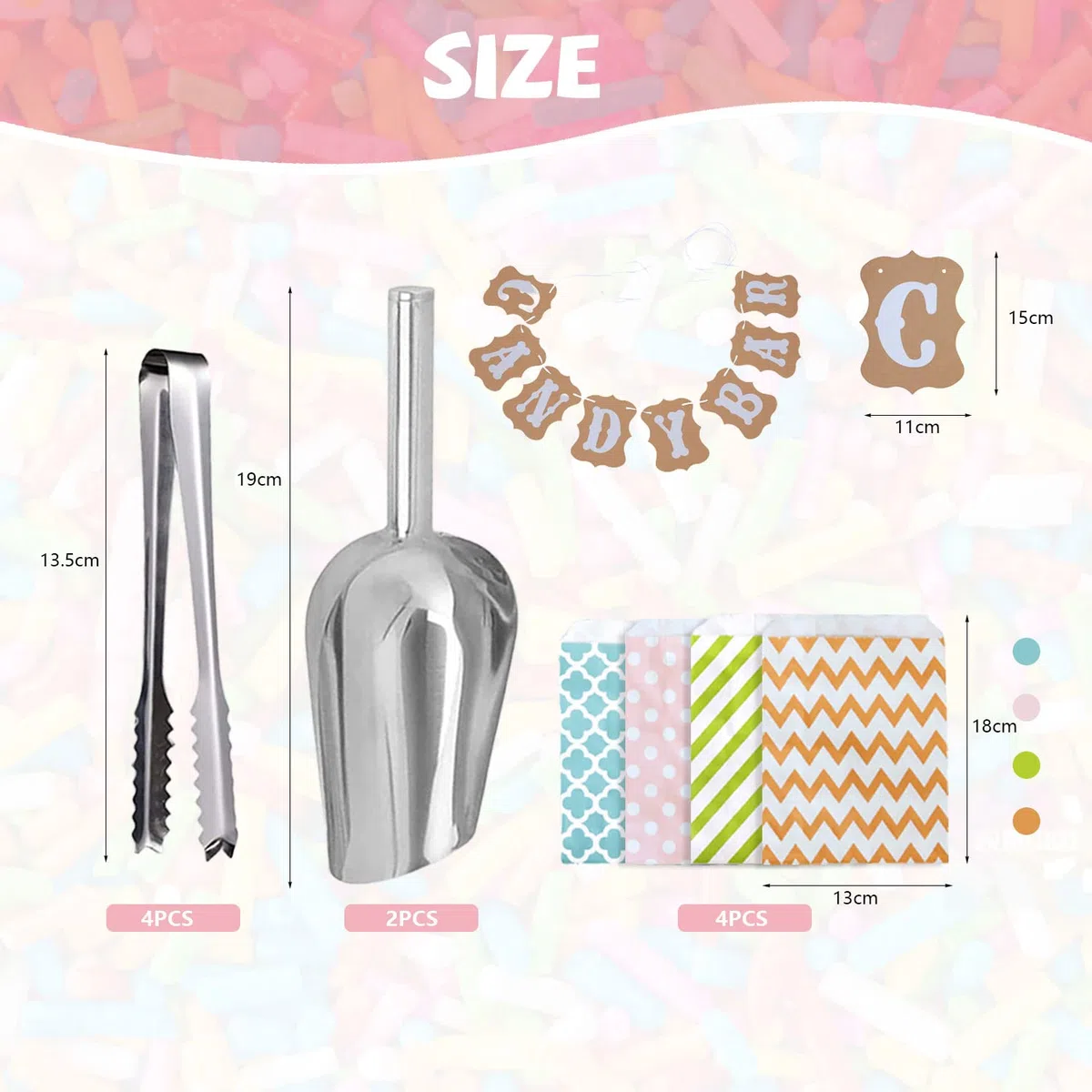 46pcs Candy Bar Sacchetti Caramelle Accessori Set,4 Acciaio Inox Candy 2 Scoop Ghiaccio 36 Candy Sacchetti Regalo 3 Adesivi 1 Candy Bar Banner,Candy Bar Accessori Per Negozi Di Caramelle,Matrimoni