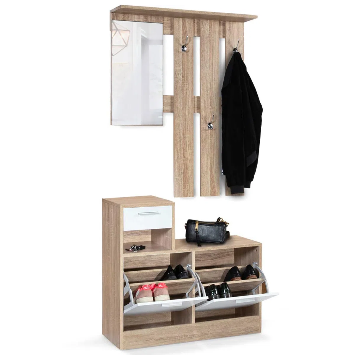 IDMarket - Mobile da ingresso, appendiabiti con specchio, design in legno faggio e ante bianco PAULIN