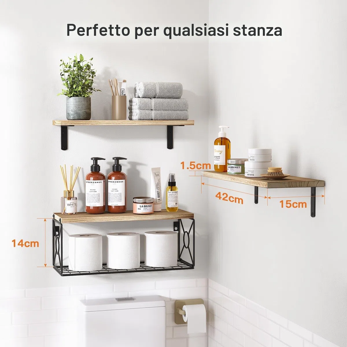Pipishell Mensole da parete, in legno di paulonia, set di 3 + 1 mensole in legno, per camera da letto, bagno, soggiorno, cucina, ufficio, lavanderia (rustico)