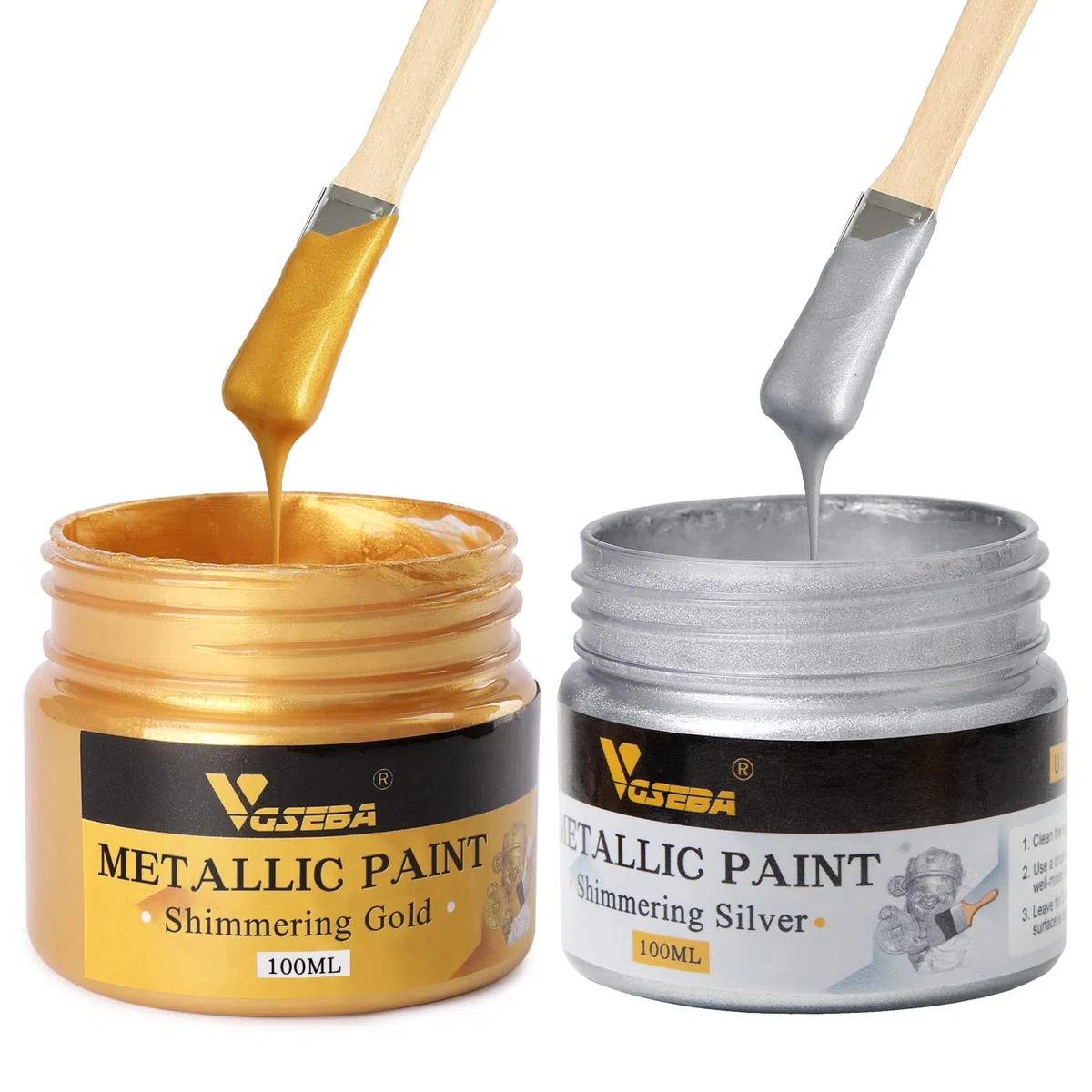 VGSEBA Vernice acrilica metallizzata, 2 pezzi da 100 ml oro e argento, vernice a foglia d'oro per la pittura artistica, ideale per tela, legno, tessuto, pietra, vetro (200 ml)