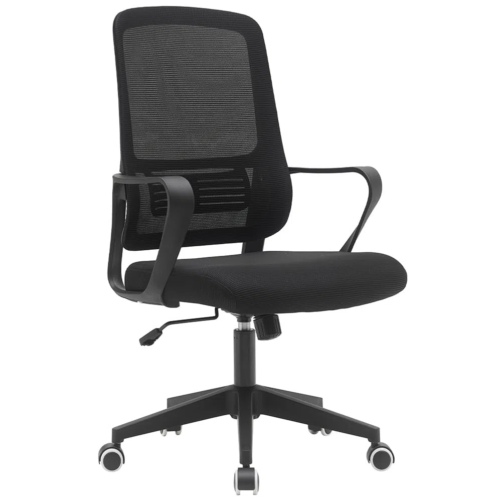 BAKAJI Sedia da Scrivania Ergonomica con Ruote Girevoli Antigraffio, Schienale in Tessuto Traspirante e Supporto Lombare, Poltrona da Studio Ufficio Regolazione Altezza Gas 98-108cm (Nero)