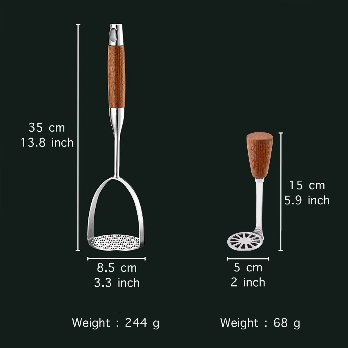 2 schiacciapatate in acciaio inox con manico in legno (1 grande + 1 piccolo), schiacciapatate da cucina, schiacciapatate per spremere carote, banane, fagioli, zucca, frutta