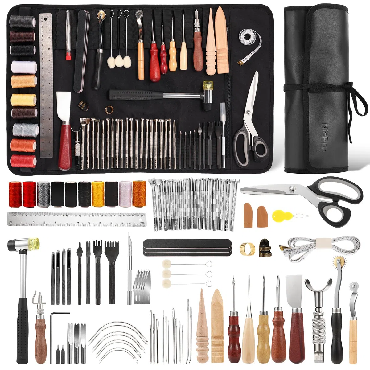 Nicpro Kit di utensili in pelle da 85 pezzi, con custodia personalizzata, strumenti artigianali per adulti, kit per principianti per timbratura, cucito, intaglio, taglio, punzonatura, lavorazione