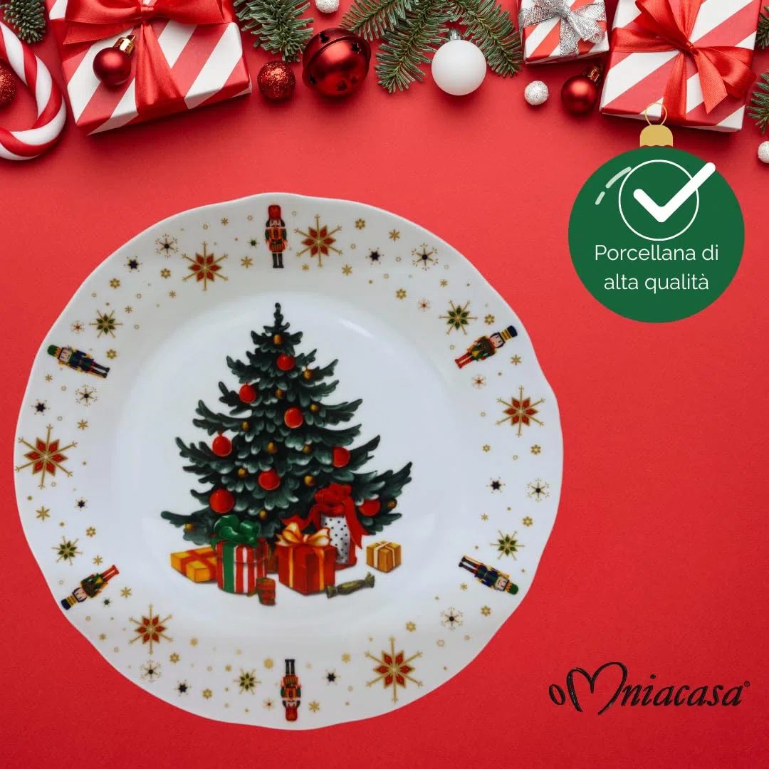 Servizio Piatti di Natale in Porcellana Resistente per 6 Persone: 18 Pezzi, Decorazioni con Albero di Natale Schiaccianoci e Stelle, Rosso e Bianco, Adatto: Lavastoviglie e Microonde.