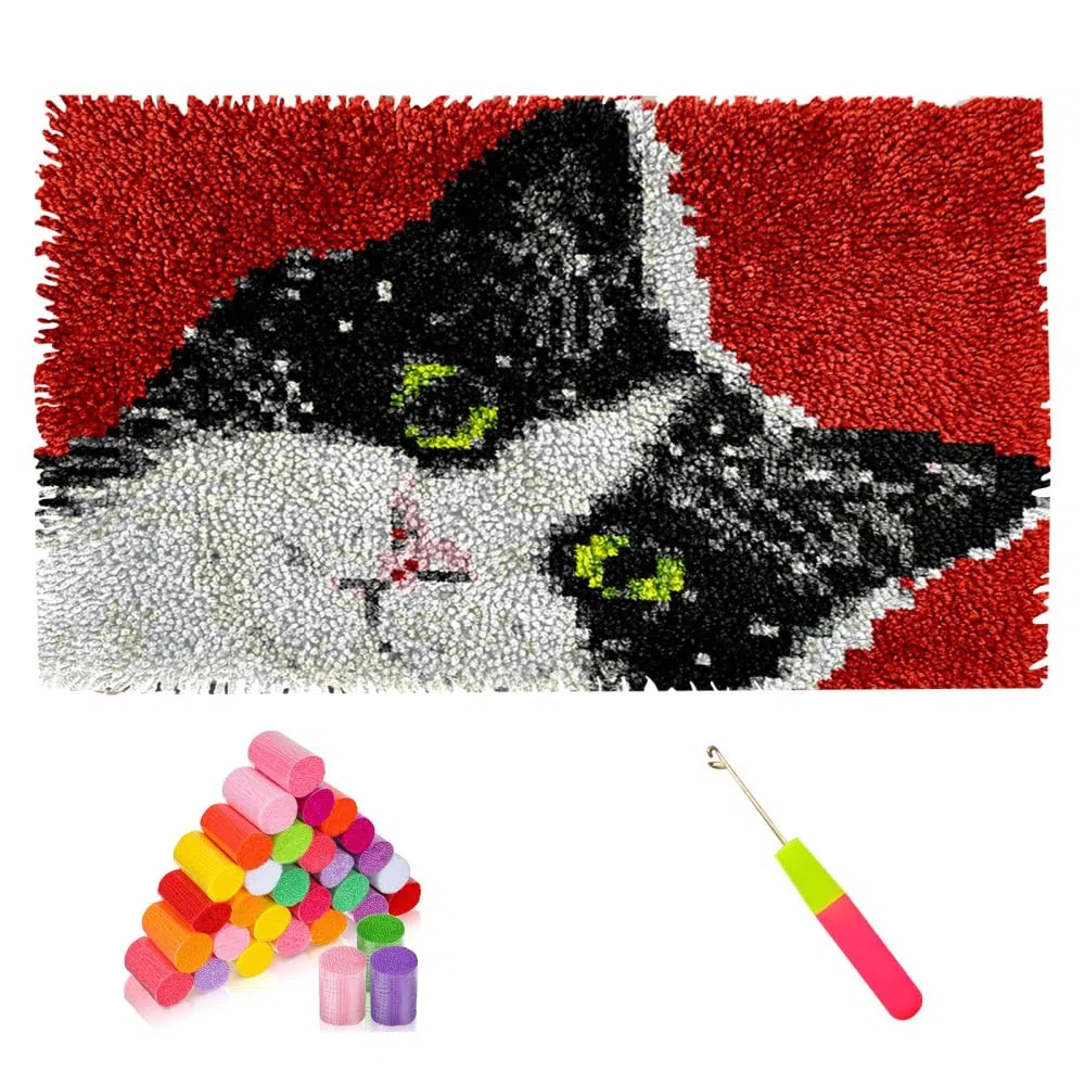 MiOYOOW Kit Tappeto con Uncinetto, Set di Tappeti con Motivi di Gatti con Gancio, Decorazioni per Casa Regalo Ricamo a Motivo Prestampato di Gatto