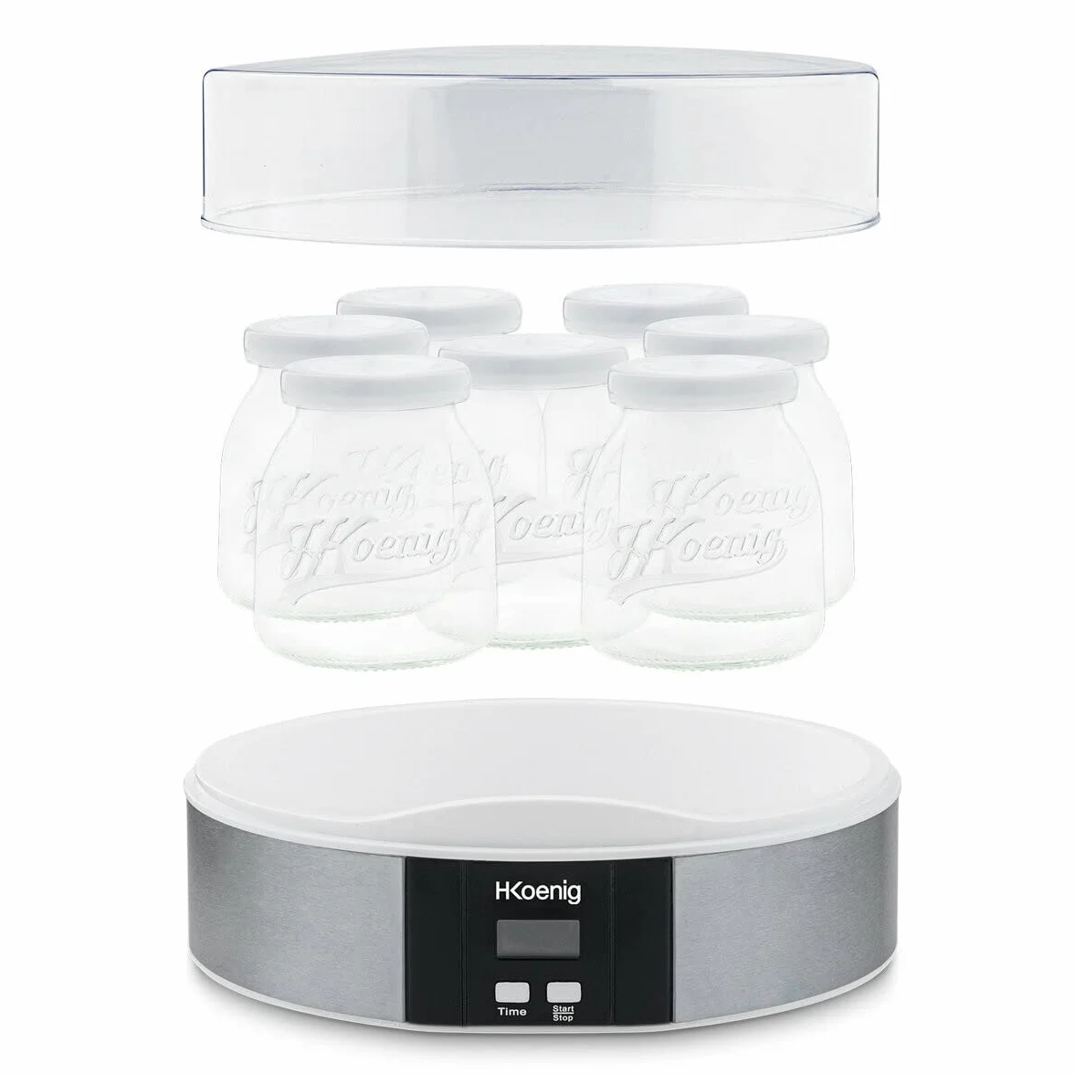 H.Koenig Yogurtiera 7 vasetti ELY70, Capacità 7 x 160 ml, Programmabile fino a 15 ore, Display LCD, Corpo in acciaio inox, Lavabile in lavastoviglie, Arresto automatico, Potenza 15 W