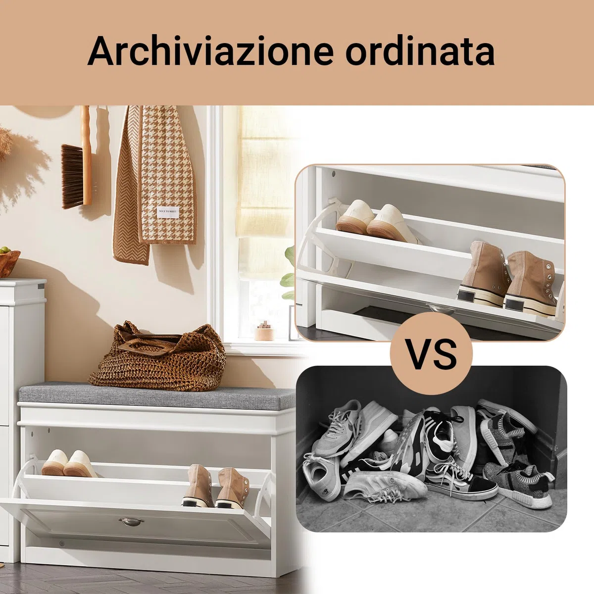 SoBuy Scarpiera Salvaspazio Slim con Seduta - Panca Scarpiera da Ingresso Cassapanca Contenitore da Interno, Mobile Ingresso per Scarpe, Regolabile, 75x24x51 cm, Bianco, FSR82-L-W