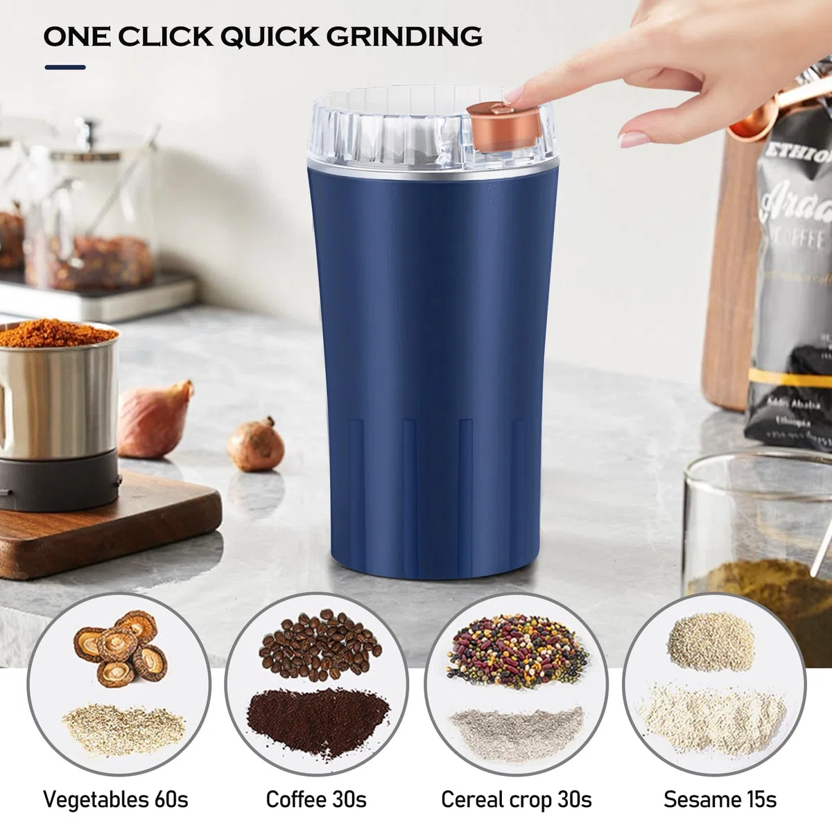 Macina Caffe' Elettrico, 300W Macinacaffè Elettrico, con 8 Lame in Acciaio Inox, Macina Caffè Multifunzione, Macina Spezie, Coffee Grinder, per Chicco di Caffè, Erbe, Noci, Cereali, Spezie, Blu