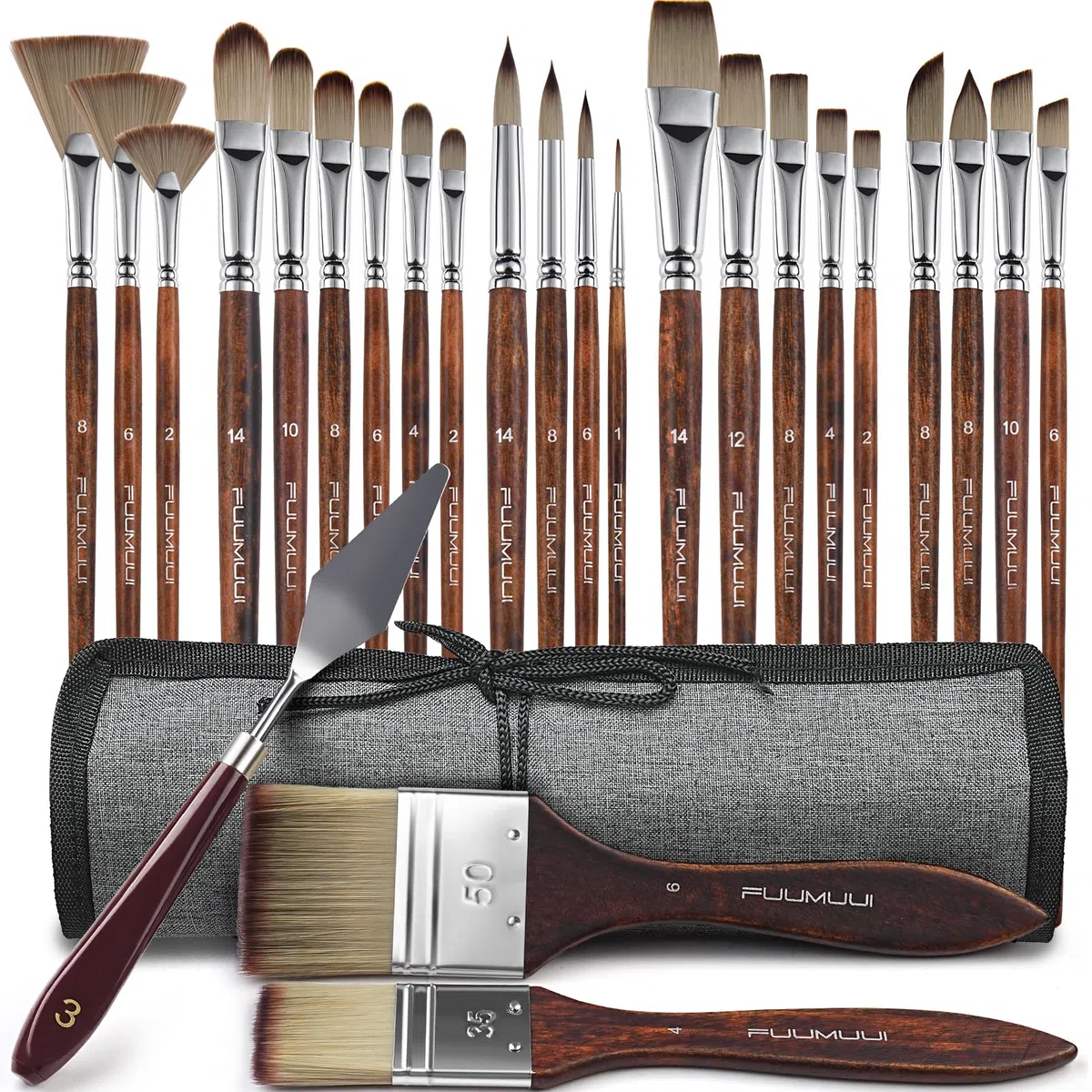 Set Pennelli Pittura Acrilica - 25 Pennelli Professionali Sintetici per Pittura Acrilico, Ad Olio, a Guazzo con borsa di tela e spatole per pittura | Pennello per Dipingere, Pennelli Pittura Olio