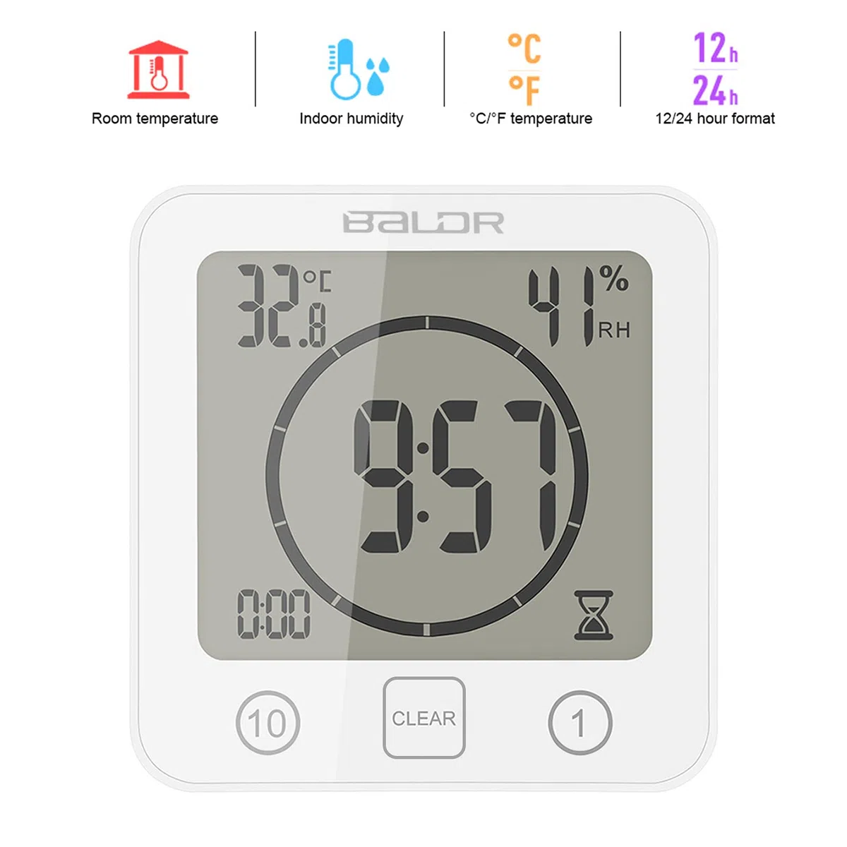 ZONJIE Orologio da bagno – impermeabile per doccia, timer digitale, orologio da bagno con ventosa, indicatore di temperatura e umidità, orologio da parete touch (bianco)