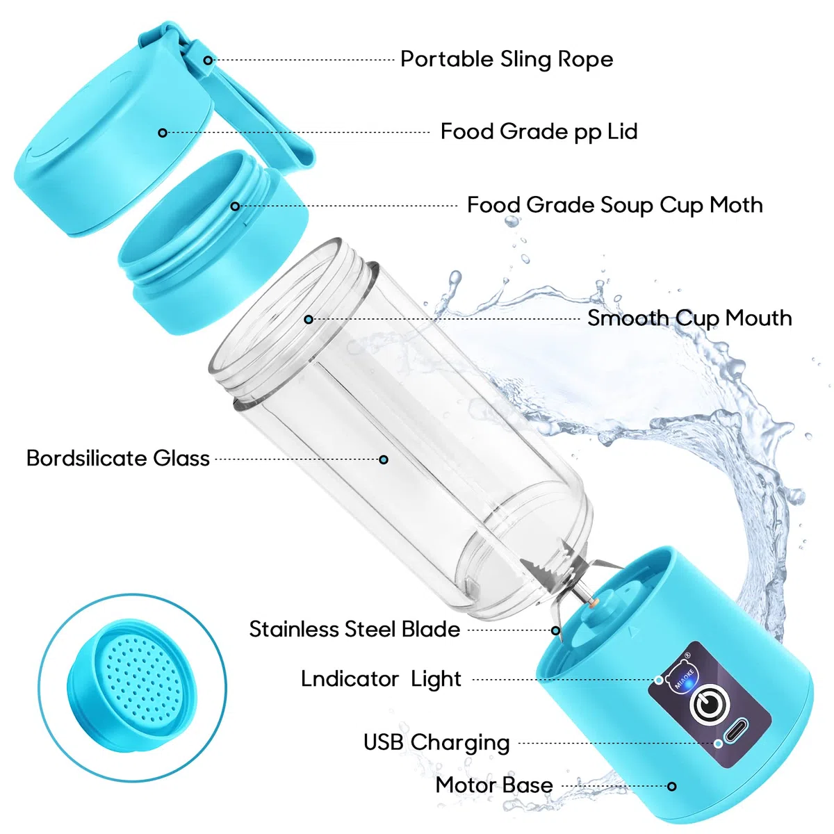 Frullatore portatile per frullati, mini frullatore per succhi con sei lame in 3D, USB ricaricabile Juicer Cup per casa/ufficio/esterno (Blu)