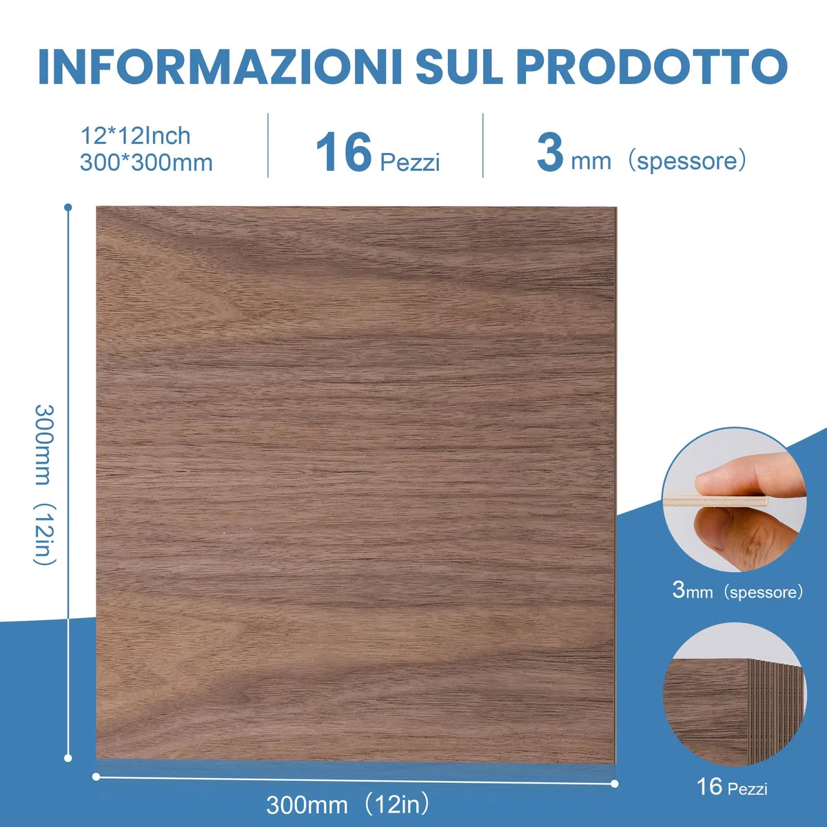 ROBOTIME Fogli di compensato non finiti, 16 pezzi, 300 x 300 x 3 mm, tavola in legno di noce per artigianato, pittura, arte pirografica, decorazione della casa fai da te e kit di modellismo