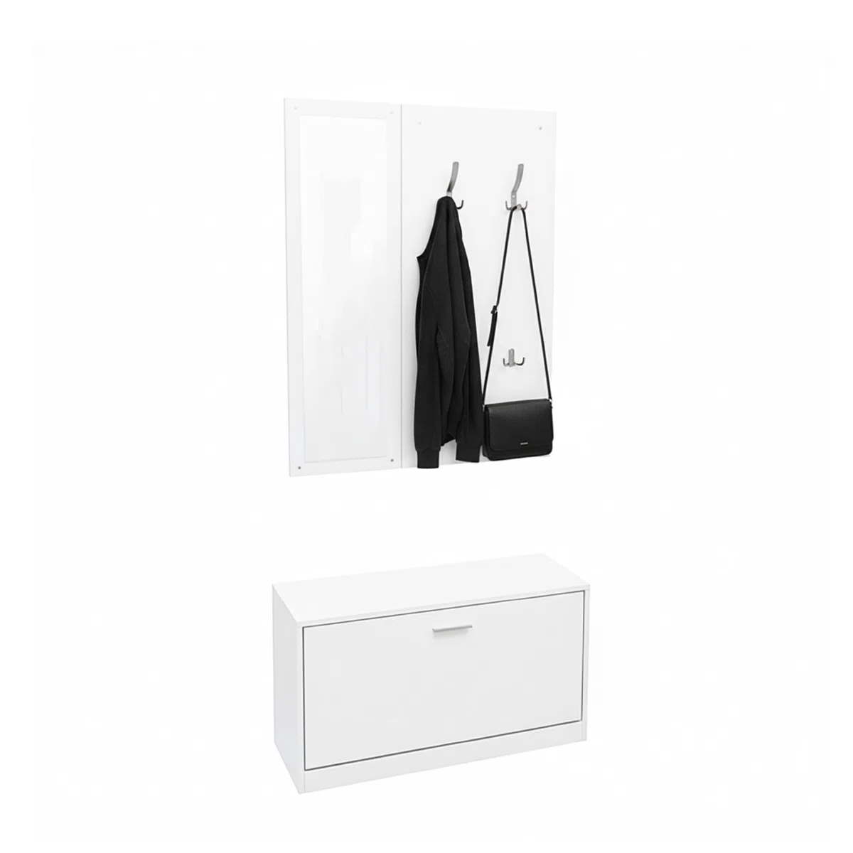 Baroni Home Mobile Bianco Ingresso 3 Pezzi con Scarpiera, Appendiabiti a Muro 4 Ganci e Specchio, Panca Porta Scarpe, Set Modulare Salvaspazio, 27x80x147cm