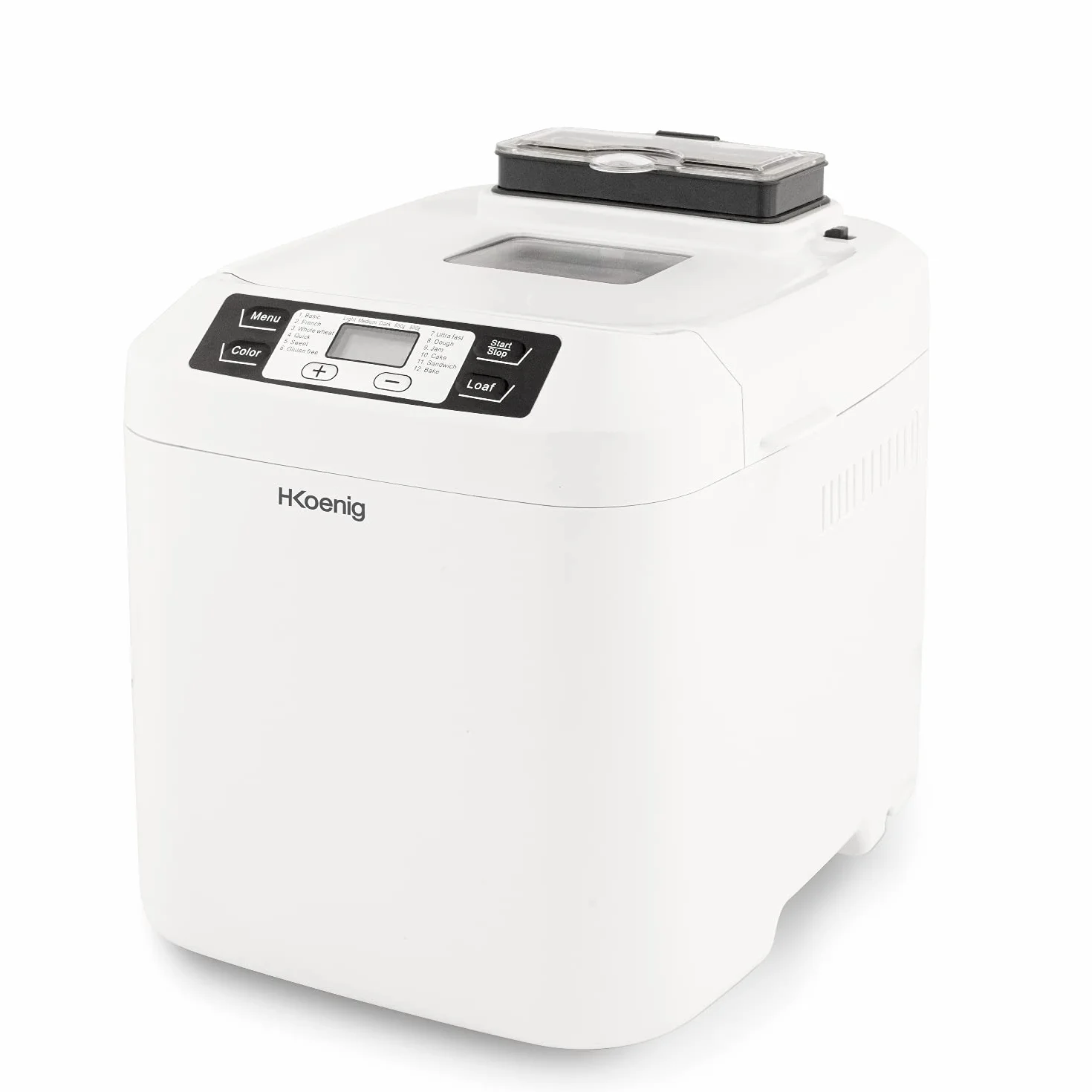 H.Koenig BAKE340 Macchina per il pane con semi, 12 Programmi,1 Senza Glutine,Mantenimento a Caldo,3 livelli di doratura,Partenza Ritardata 13h,550W