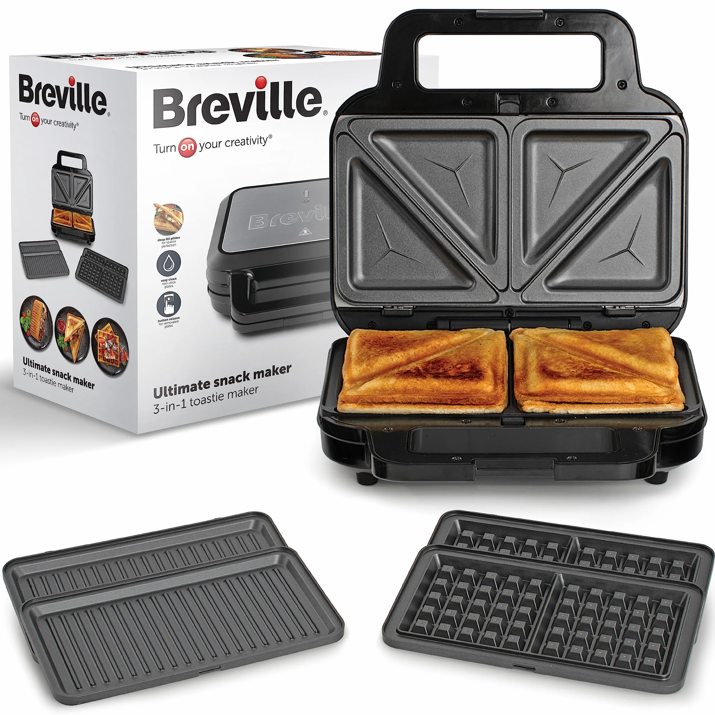 Breville 3 in 1 Ultimate Snack Maker Tostapane per toast molto farciti, Waffle Maker e piastra per panini, Piastre antiaderenti rimovibili, Nero e acciaio inossidabile VST098X, Spina UE