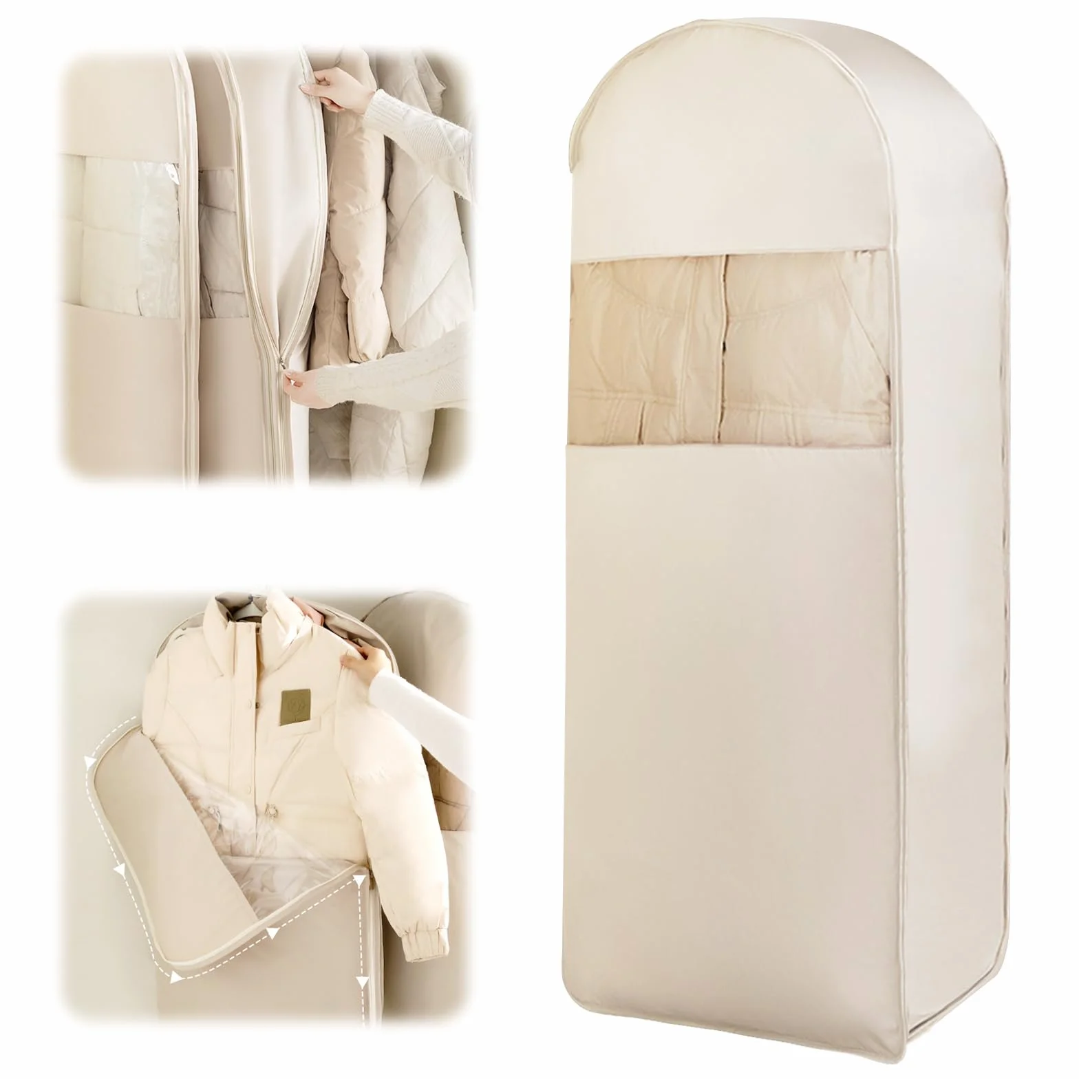 Custodia Porta Abiti da Appendere con Cerniera a Compressione, Copriabiti Salvaspazio per Cappotti, Traspirante Borsa Portaabito, Copertura Vestiti Copri Abiti per Giacca, 1Pc (Beige)