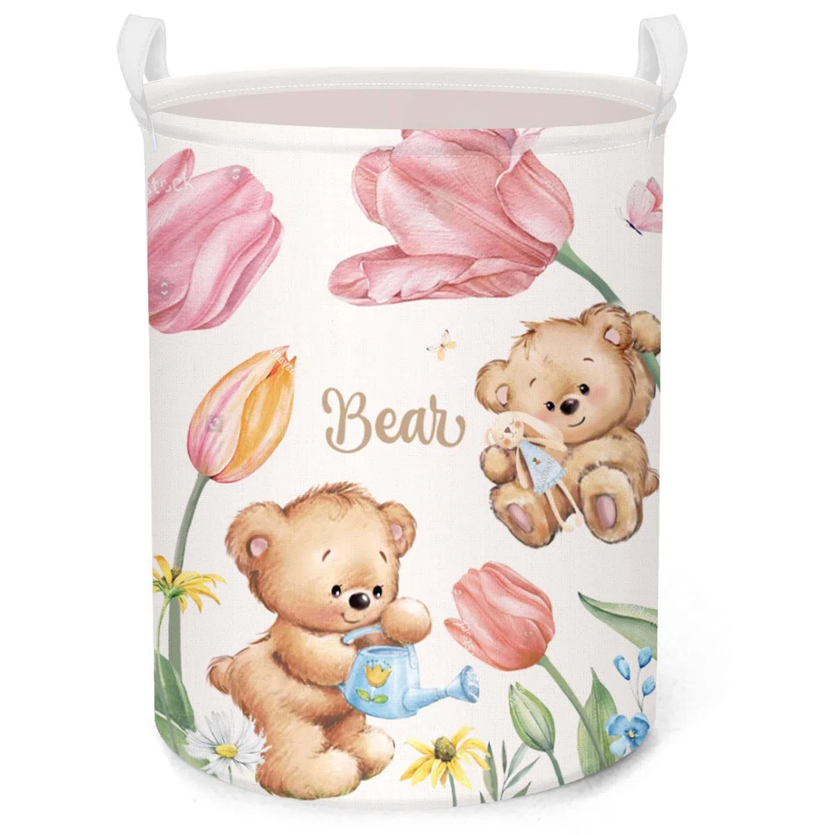 Clastyle Ceste Biancheria Orso Fiore Tulipano Rosa Cestino Portaoggetti Giocattoli Tondo Pieghevole per Camera dei Bambini, Orso tulipano, 36x45 cm
