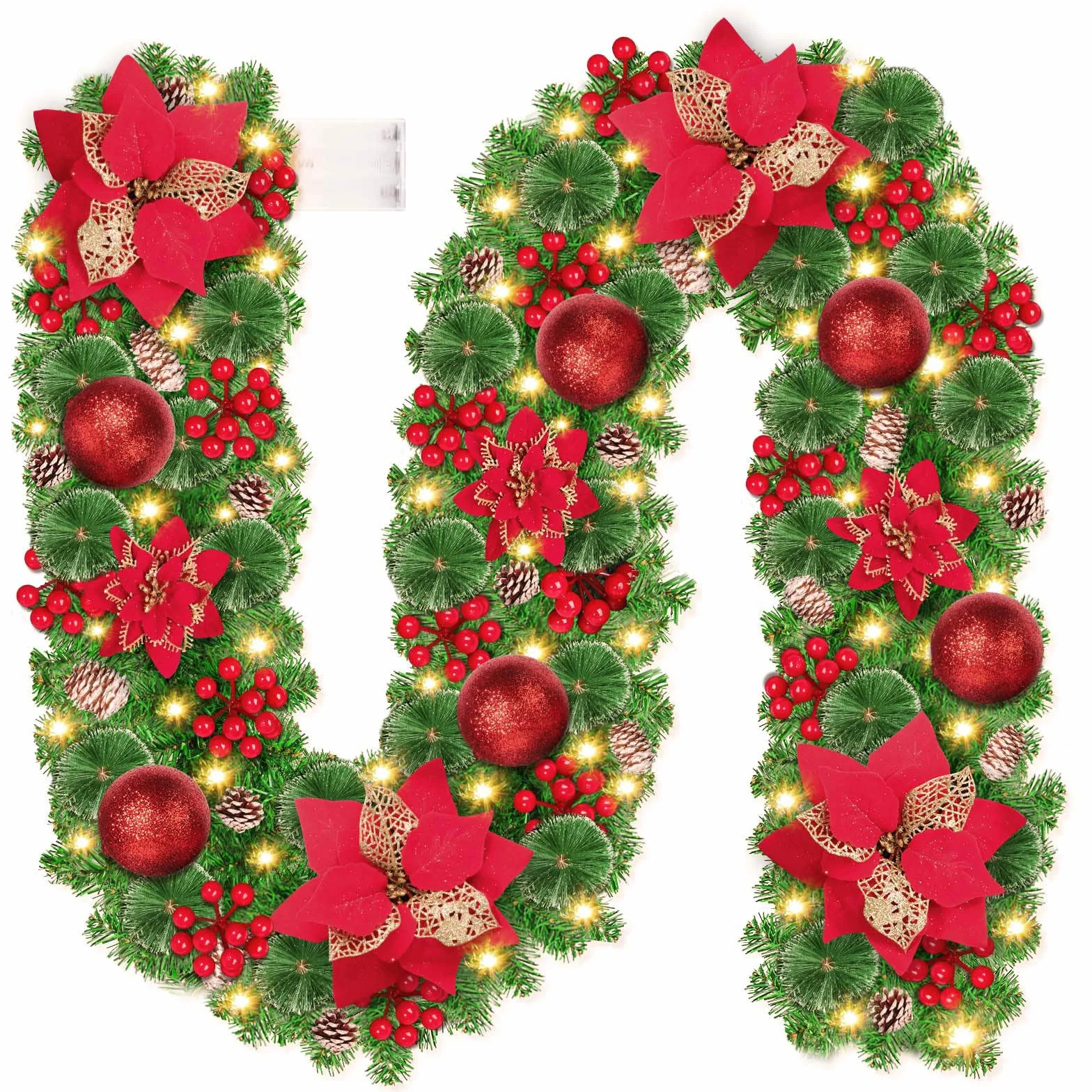 Ghirlanda Natalizia, CHOIGN 2.7M/9 Piedi Decorazioni Natalizie con Luci 30LEDs Alimentate Batterie, Ghirlanda Natale Decorazioni Artificiale per Porta, Camini,Scale,Decorazioni dell'albero di Natale