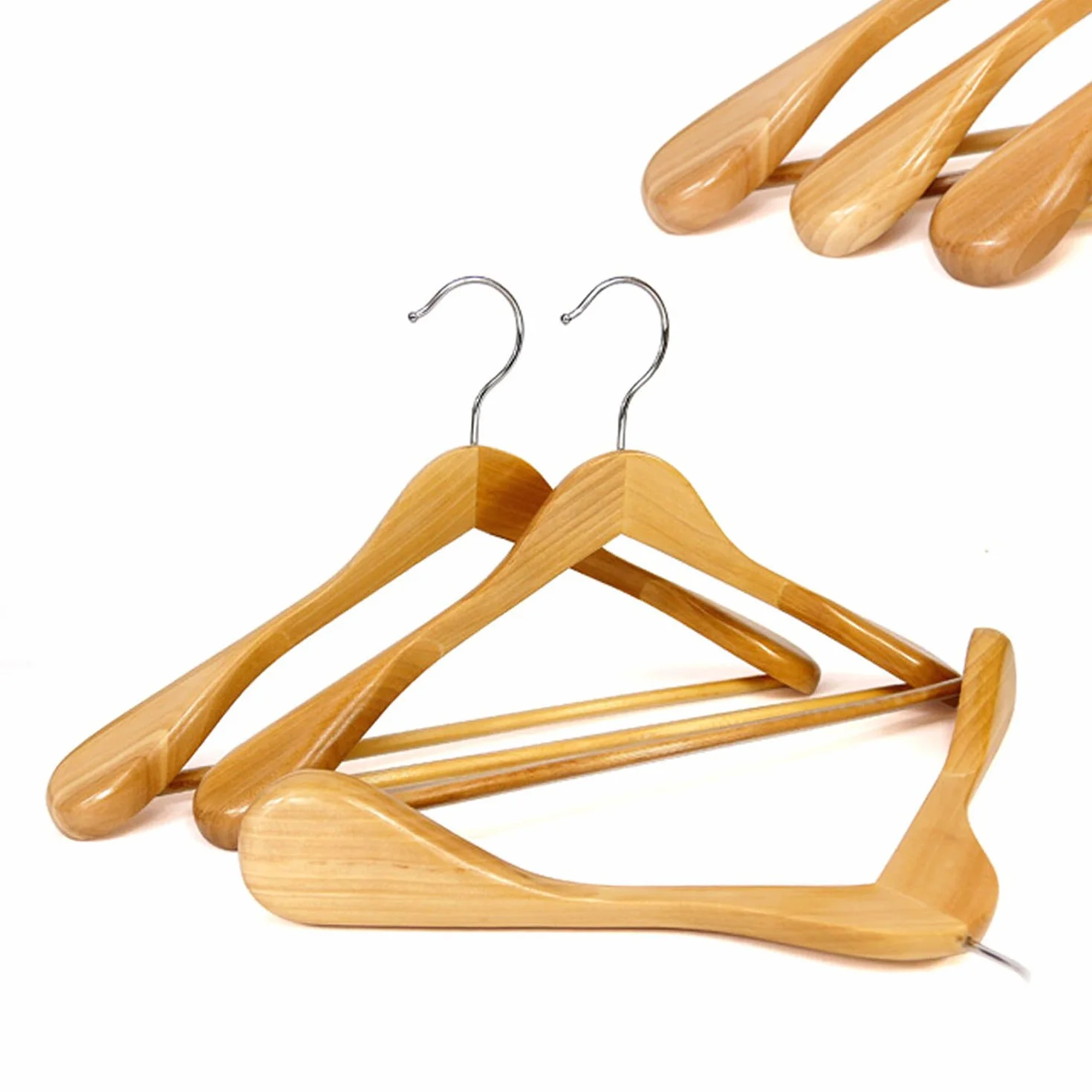 6 grucce appendiabiti in legno con barra antiscivolo per pantaloni di qualità naturale (6 grucce con bordi delle spalle larghi)
