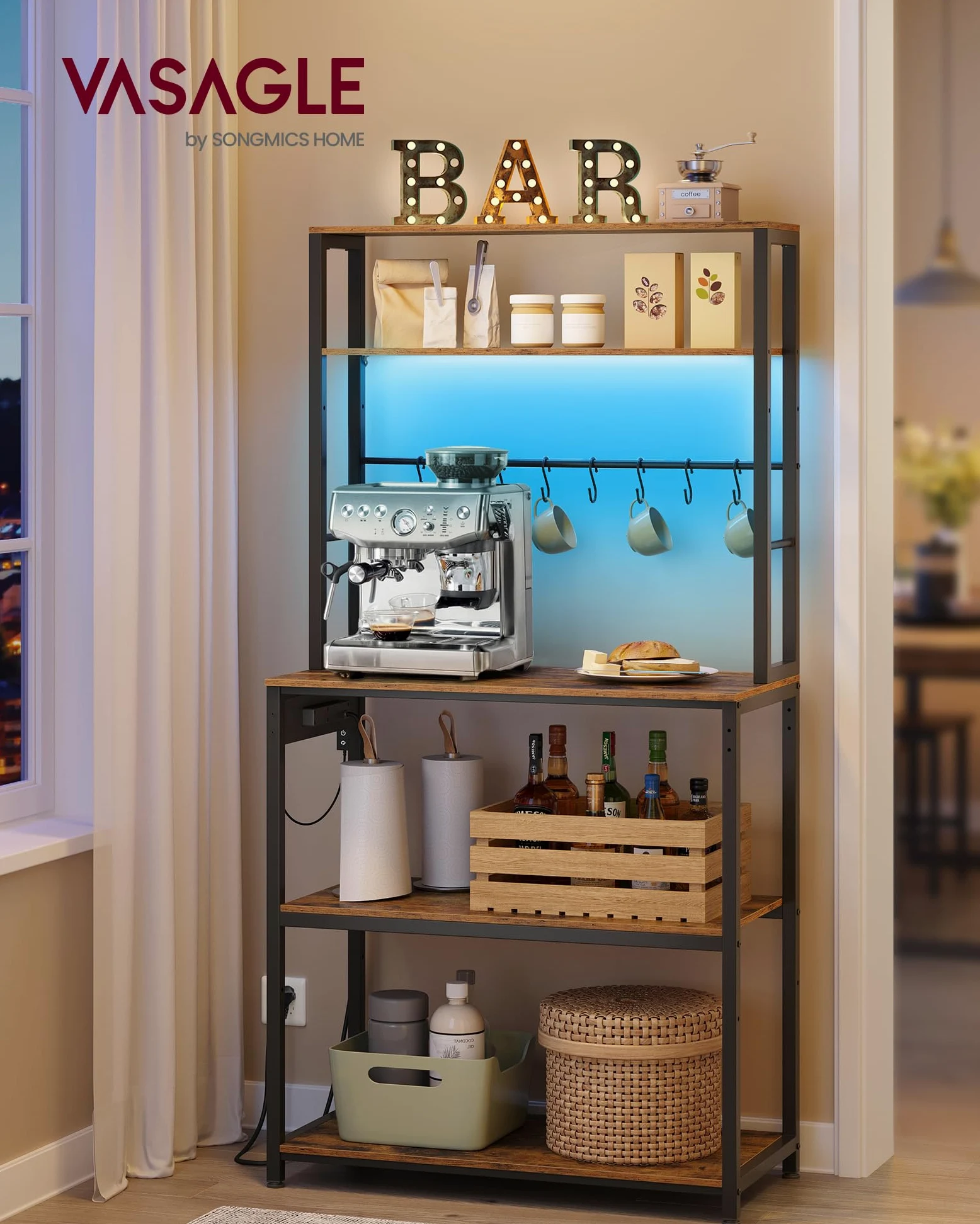 VASAGLE Scaffale da Cucina con LED, Scaffale per Microonde con Multipresa, Ripiani Regolabili, 8 Ganci, 40 x 80 x 168,4 cm, Marrone Vintage e Nero Opaco KKS050KD01