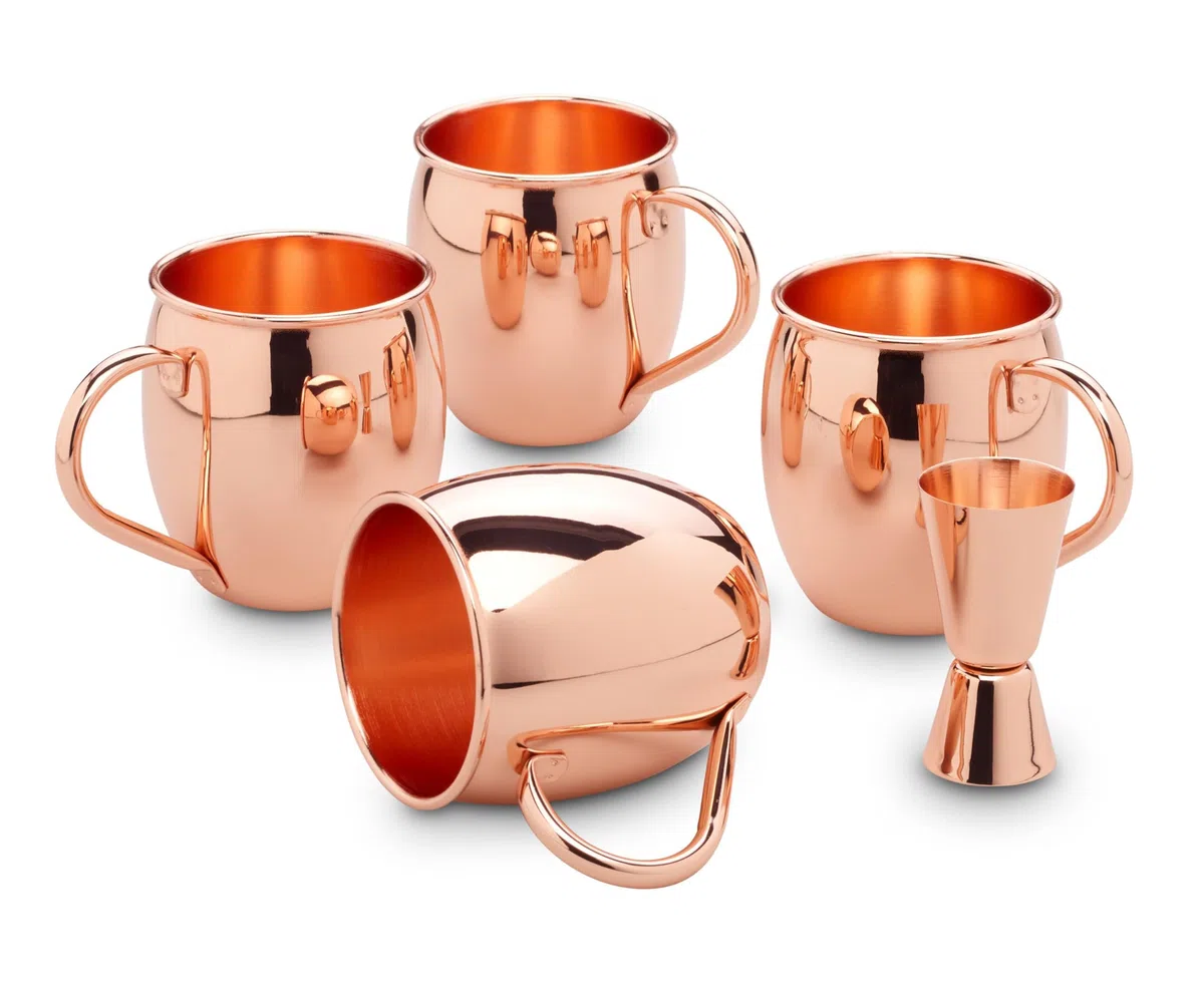 ECHTWERK Moscow Mule set di 5 tazze di rame in acciaio inossidabile, Bicchieri da cocktail, 4x tazze in rame 500 ml, 1x jigger 2 cl/4 cl, argento