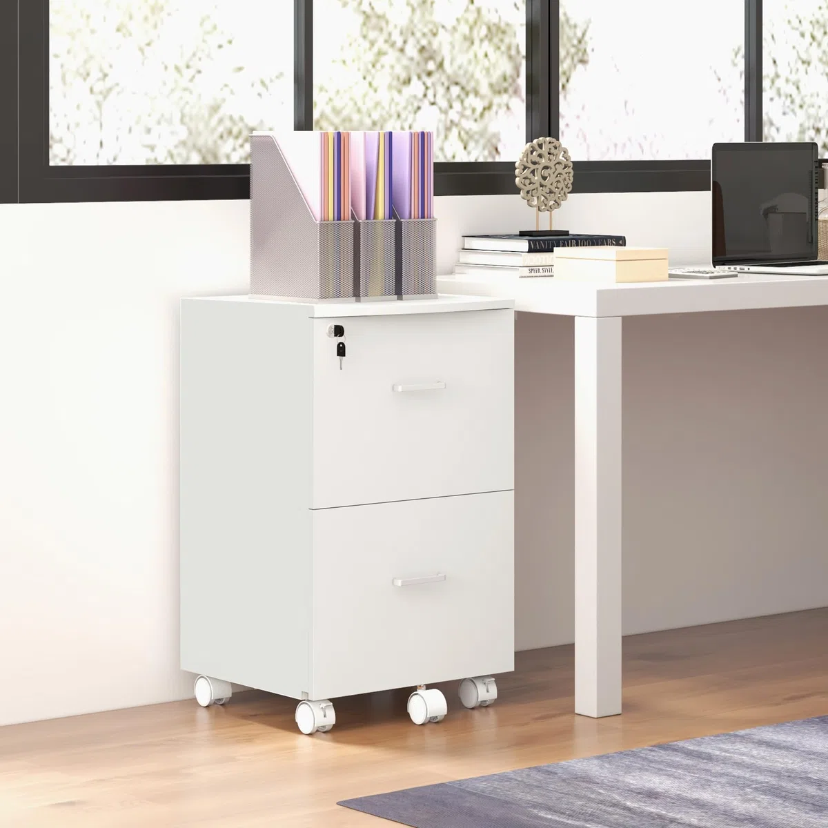 Vinsetto Armadietto da Ufficio e Studio con 2 Cassetti Bloccabili, 5 Ruote e Piano d'Appoggio, Schedario in MDF e Truciolato, 43x45x72cm, Bianco