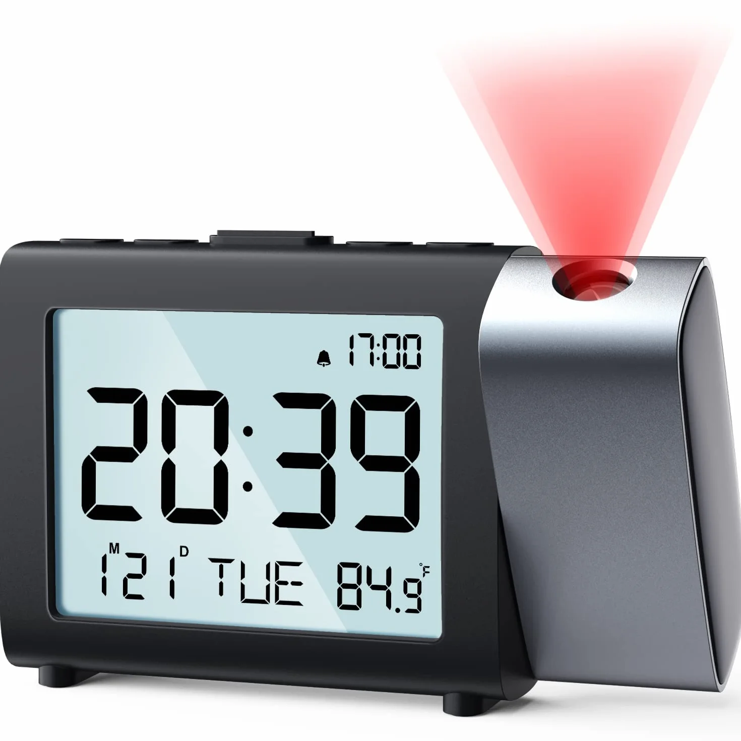 Sveglia digitale a proiezione: Digital Clock con temperatura data 12/24H, luminosità e volume regolabili, orologio a batteria per bambini anziani viaggi camera da letto comodino ufficio (Rosso)