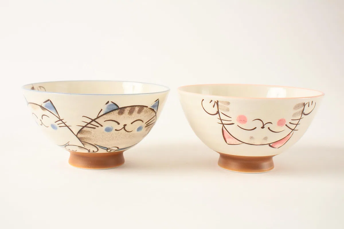 Mino ware Coppia di Ceramiche Giapponesi Ciotola di Riso Smailing Gatti Blu & Rosa made in Japan (Giappone Import) MIG010
