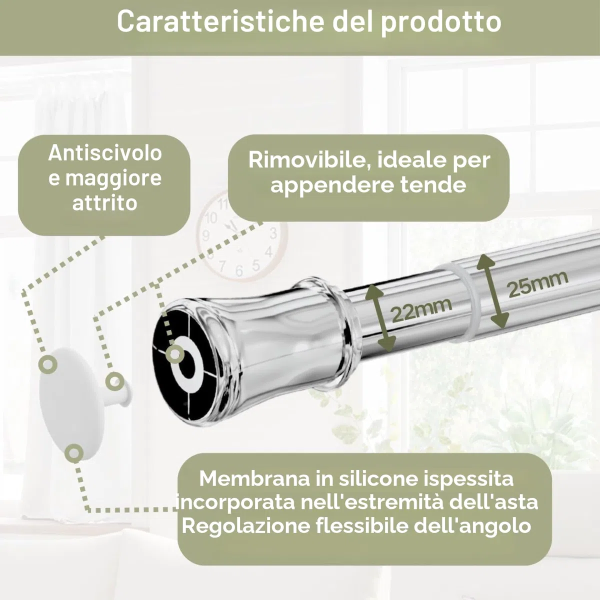 1 asta per tende estensibile senza fori per tende, cucina, armadio, non sono necessari attrezzi 69-90 cm, color argento