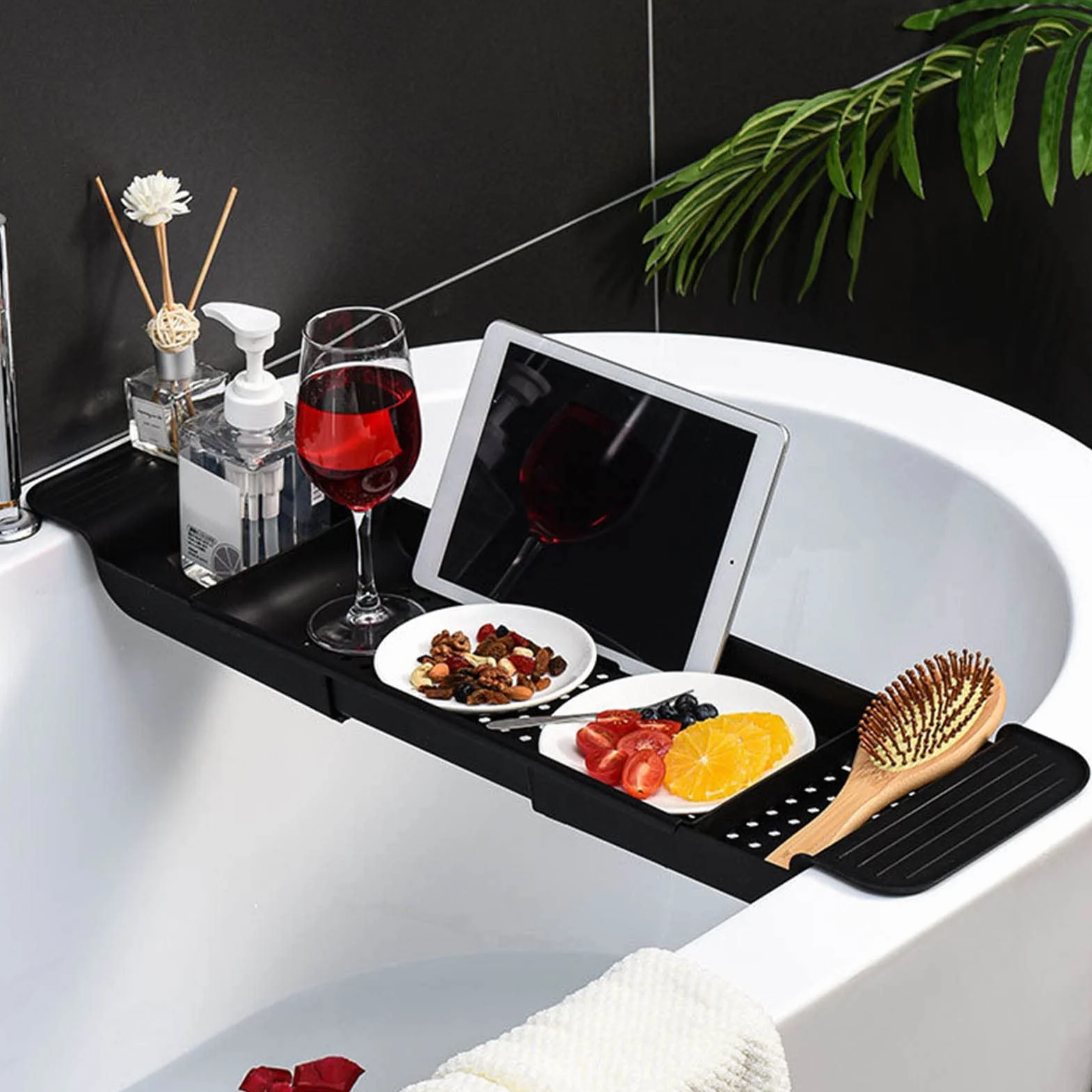 Vassoio per Vasca in Plastica, Design Drenante Retrattile Indossabile e Durevole Porta Vasca da Bagno Piccolo e Compatto Traspirante per Gel Doccia, Asciugamani, Bicchieri, Fiori da Bagno(Nero)