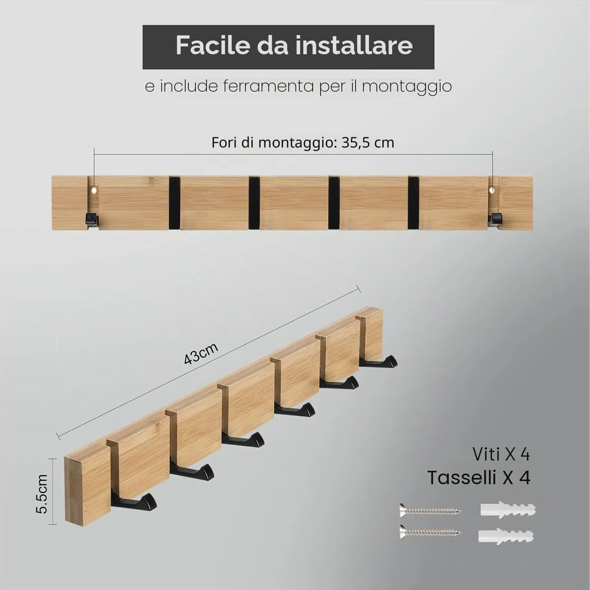 ANVODE Appendiabiti da Parete con 6 Ganci Retrattili Attaccapanni Cappotto da Muro Legno
