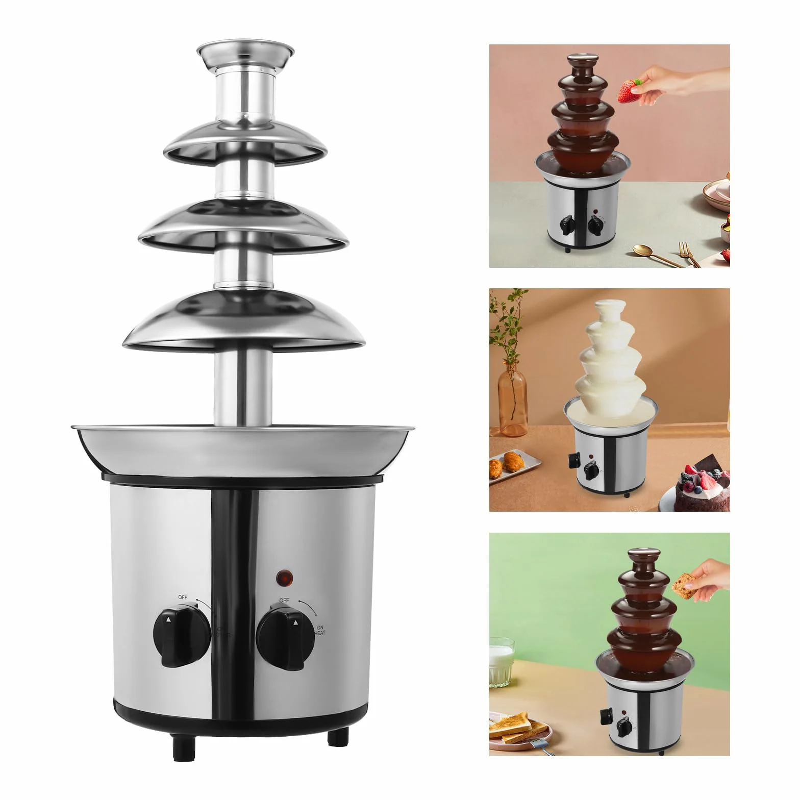 Fontana di cioccolato a 4 ripiani, grande fontana di cioccolato, con funzione di fusione, in acciaio inox, 170 W, cascate lisce per frutta e pasticceria - fontana per cioccofondue per caffè e hotel