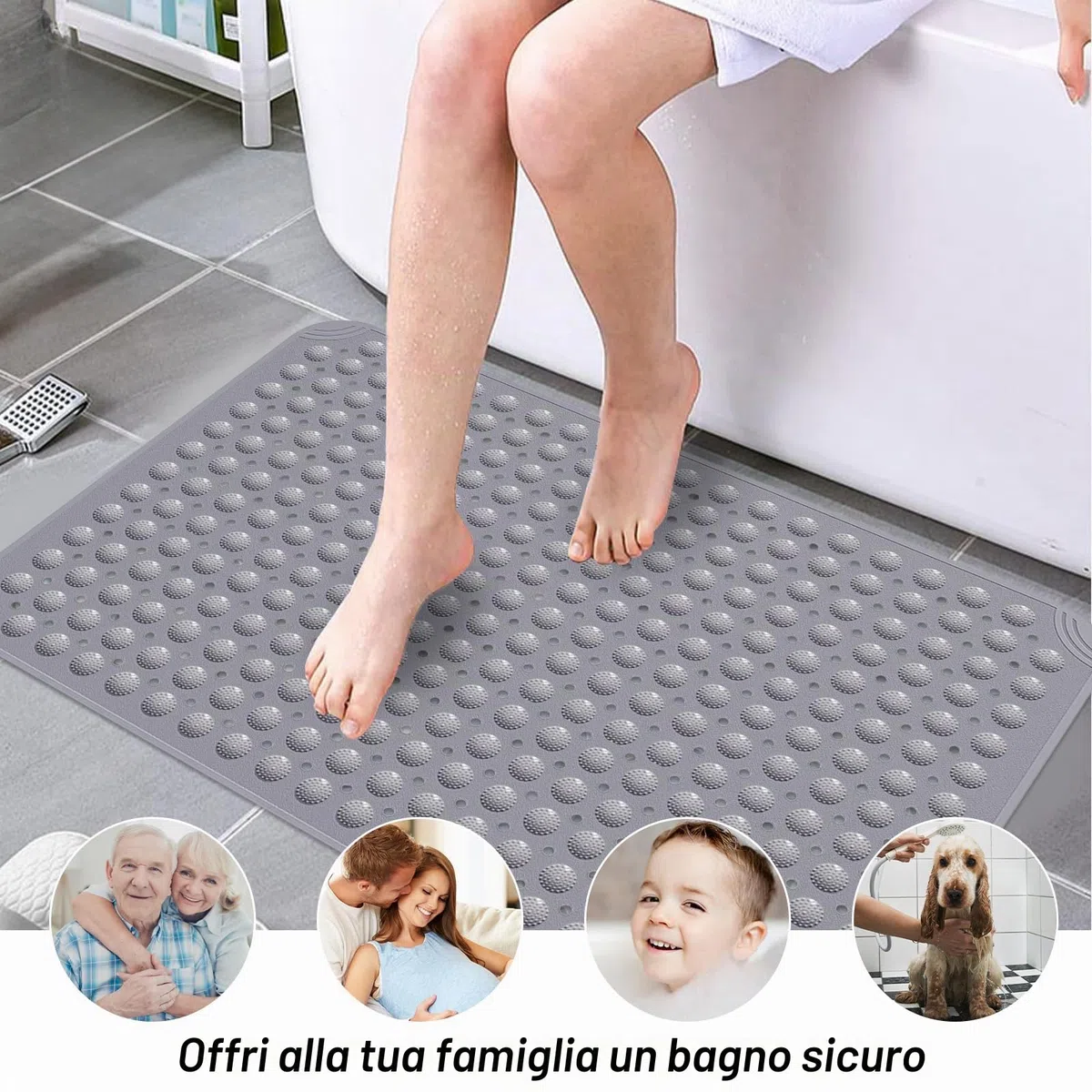 Tappetino Doccia, 60 x 90 cm Tappeto Doccia Quadrato Lavabile in Lavatrice con Ventosa, Tappeto Doccia in PVC Antiscivolo, Tappeto Massaggiante Antiscivolo per Doccia, incl. 2 Ganci, Grigio