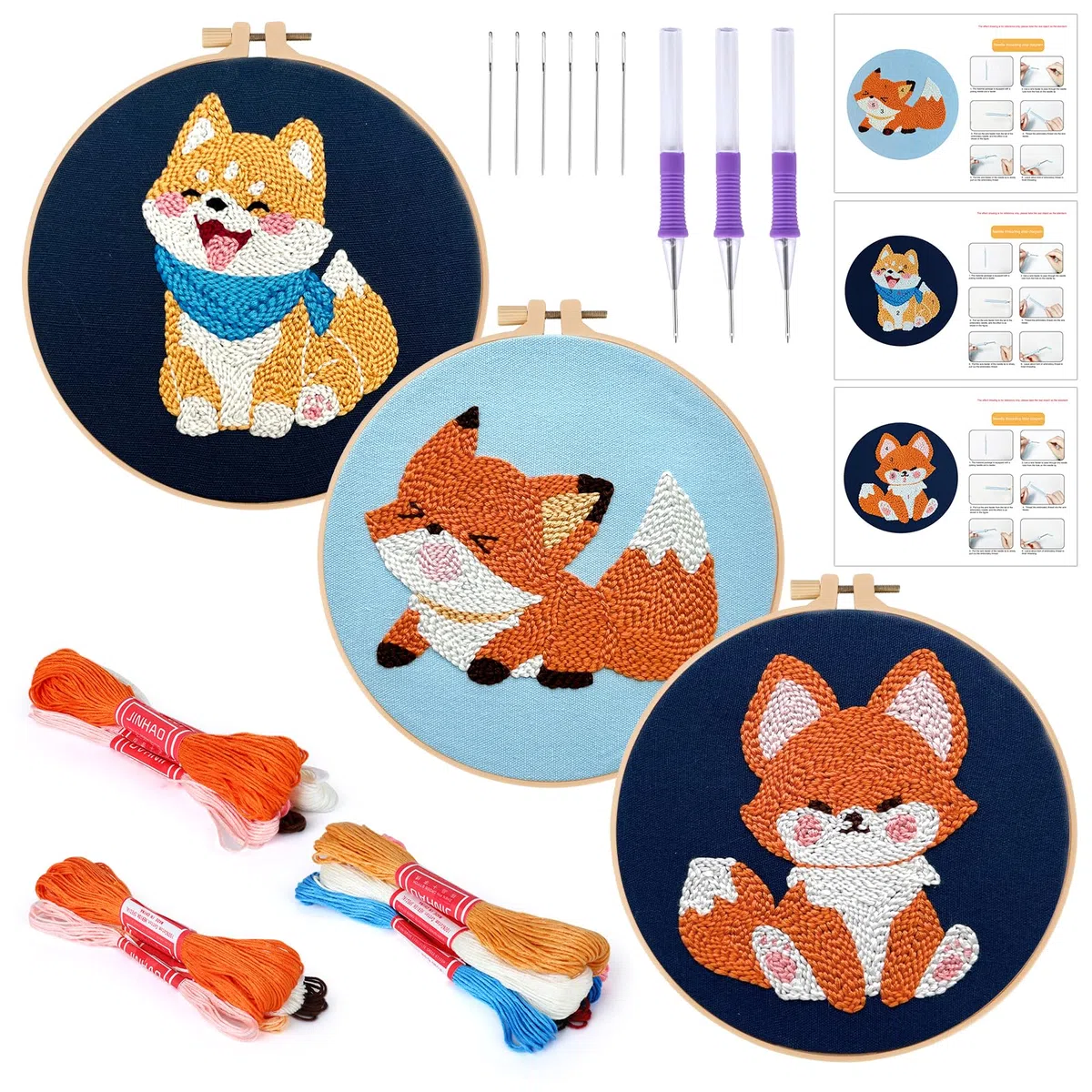 JSRQT 3 set di kit per ricamo con ago perforatore e 3 cerchi da ricamo per principianti aggancio per tappeti con motivo cane volpe artigianato