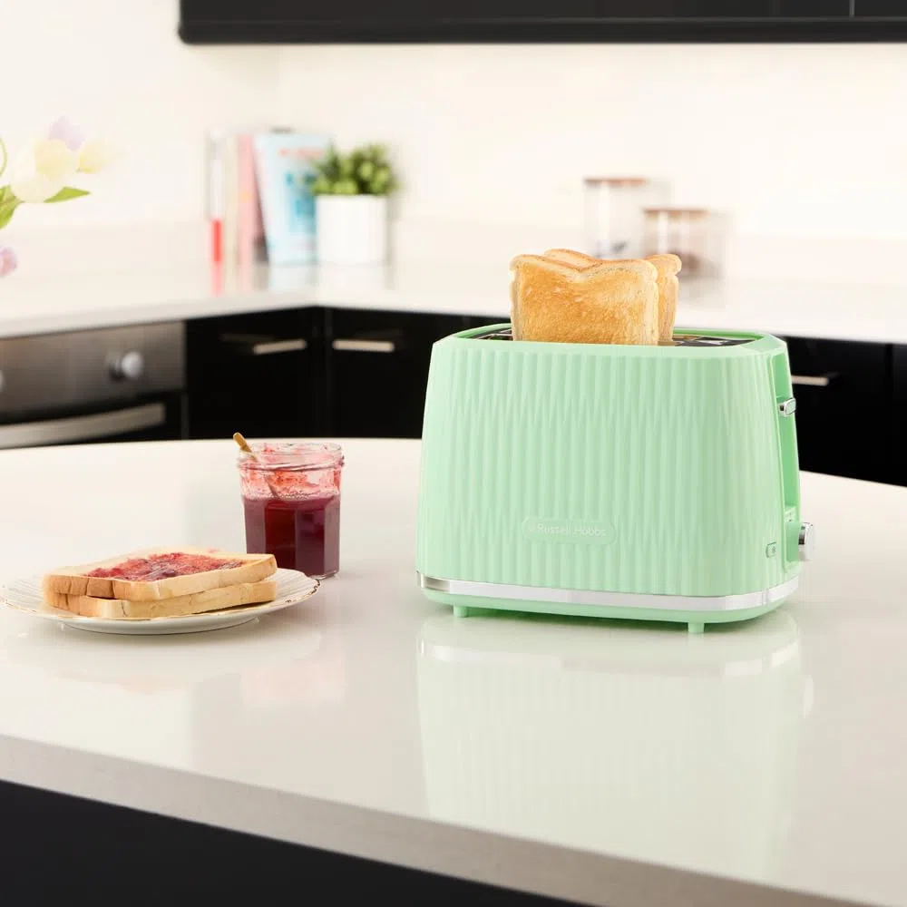 Russell Hobbs Tostapane 2 fette, 6 gradi di doratura, con Pinze, Scongela, Riscalda, Cancella selezione, Vassoio raccogli briciole, Riscalda panini, esterno testurizzato, Eden Pistacchio 27374-56