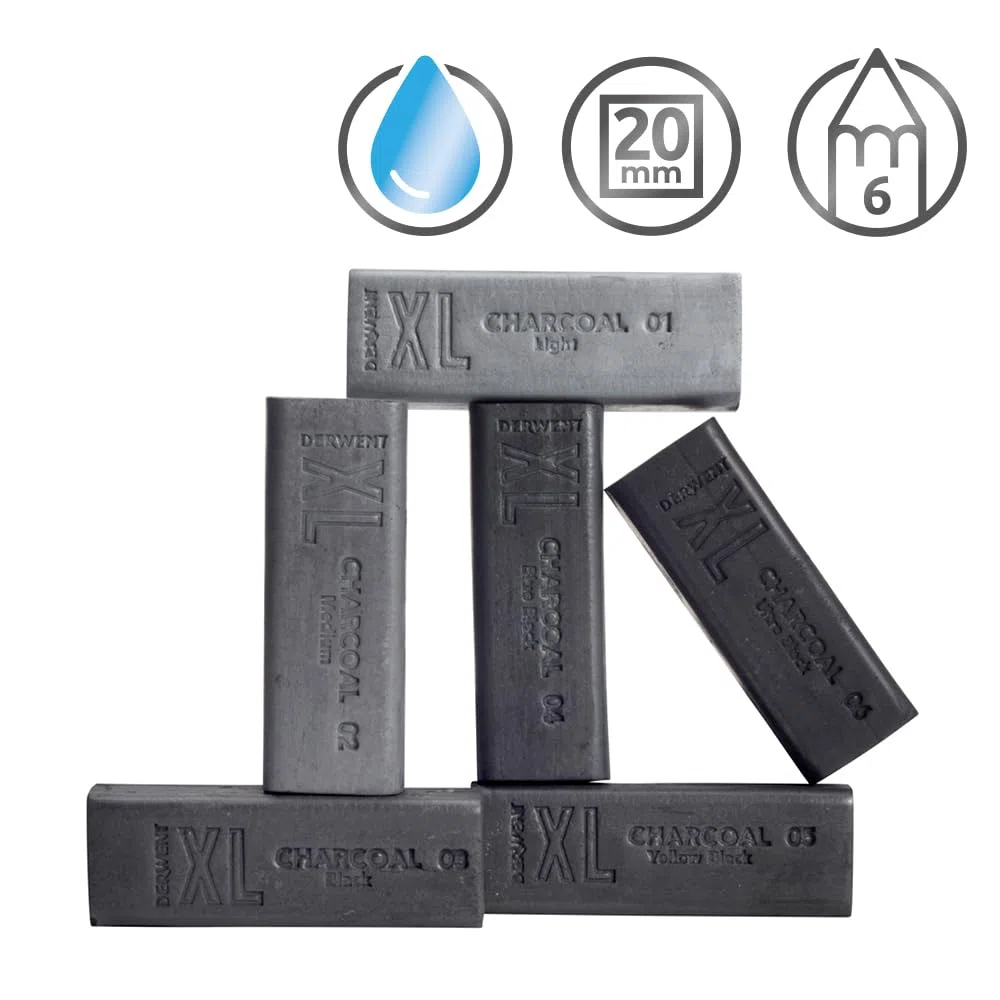 Derwent Charcoal Set di 6 Blocchi di Carboncino XL da 60 mm, Solubili in Acqua, Adatti per Realizzare Schizzi, Disegni e Dettagli Espressivi, Qualità Professionale, 2306196