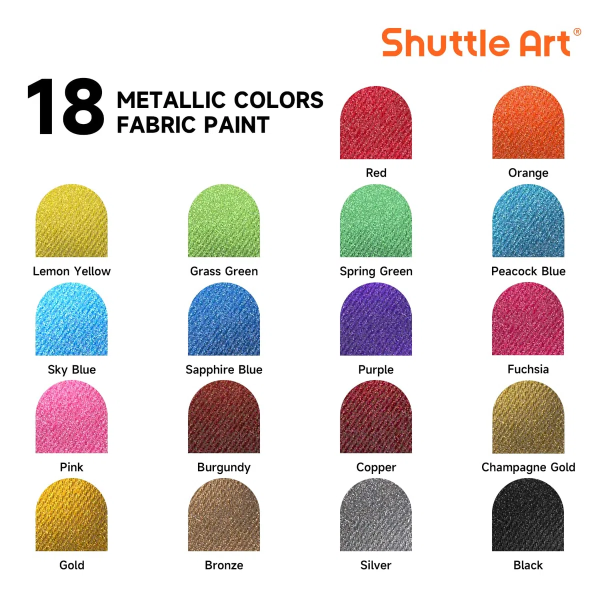 Shuttle Art 18 colori metallici per tessuti lavabili in lavatrice, colori resistenti al lavaggio in bottiglie, 60 ml, con pennelli, modelli, colori per tessuti per bambini su t-shirt, scarpe, jeans