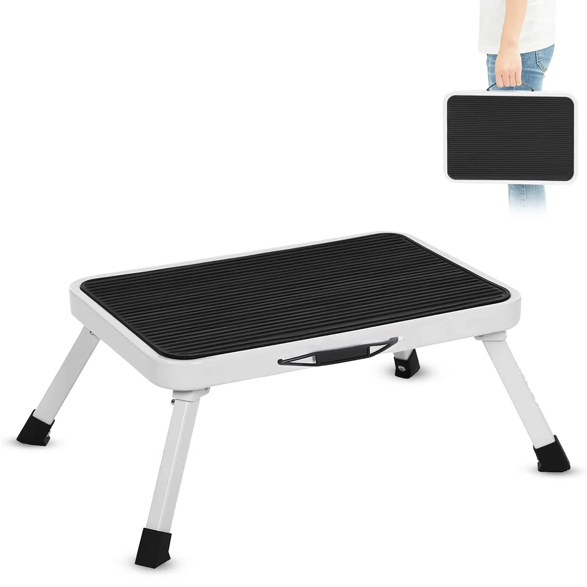 Predellino pieghevole 1 gradino - Scala, scaletta, sgabello di acciaio - Larga superficie antiscivolo - Capacità di carico 150 Kg - Impugnatura di trasporto - Ideale camper, roulotte - 46 x 32 x 17 cm