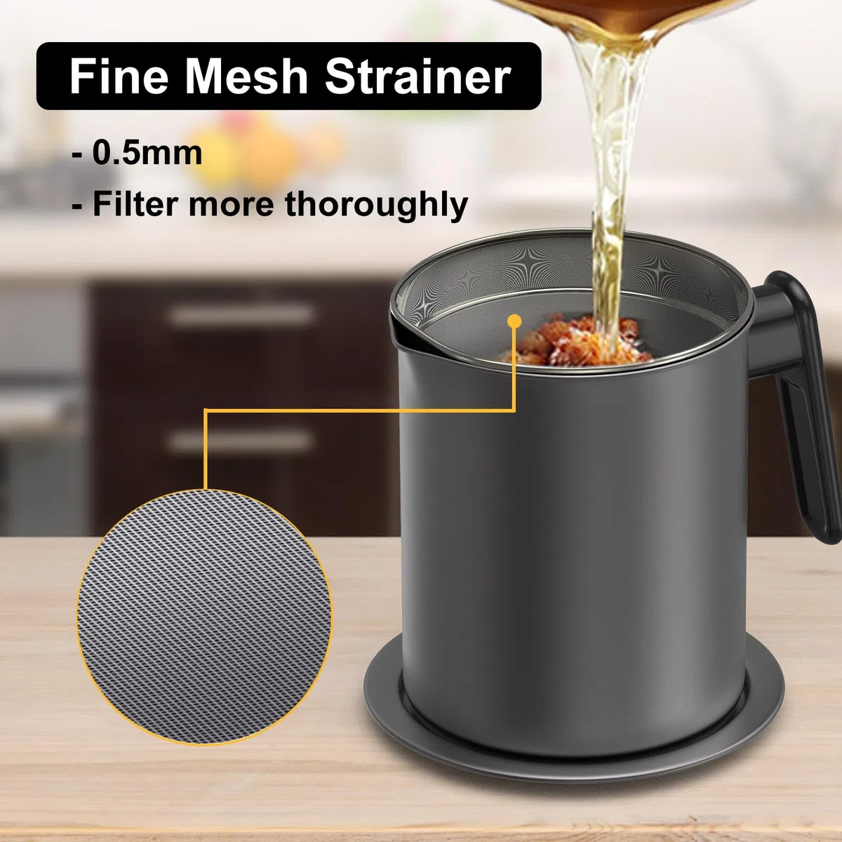 Contenitore per grasso per pancetta con filtro a maglia fine - Contenitore per olio da cucina da 1,7 l / 6,8 tazze con coperchio antipolvere rimovibile e vassoio sottobicchiere