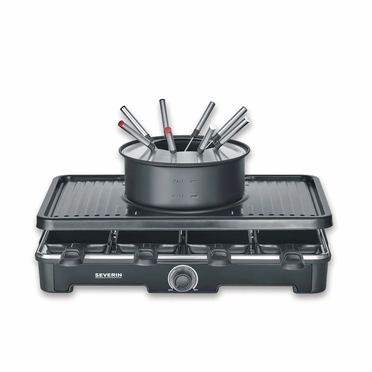 SEVERIN Raclette Grill e Fonduta 2in1, 1400W, 8 Padelline, 8 Spatole e 8 Forchette, Piastra Ceramica, Temperatura Regolabile, Cavo Lungo 195 cm, 42,0 x 28,0 x 12,0 cm, Nero - RG 2347