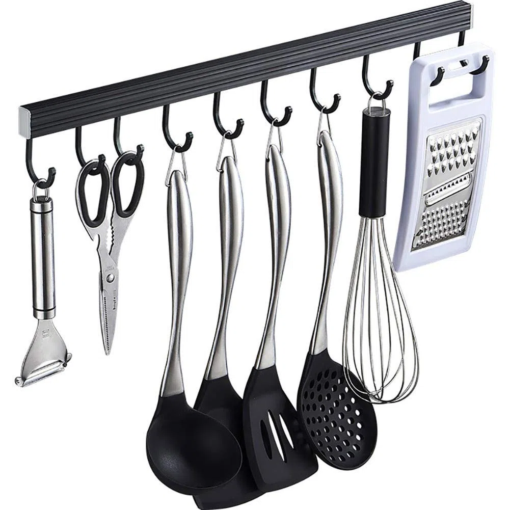 Barra Porta Utensili da Cucina Alluminio con 12 Ganci Mobili Barra Portamestoli Cucina Binario Cucina Portautensili Carico 20kg,60cm,nero